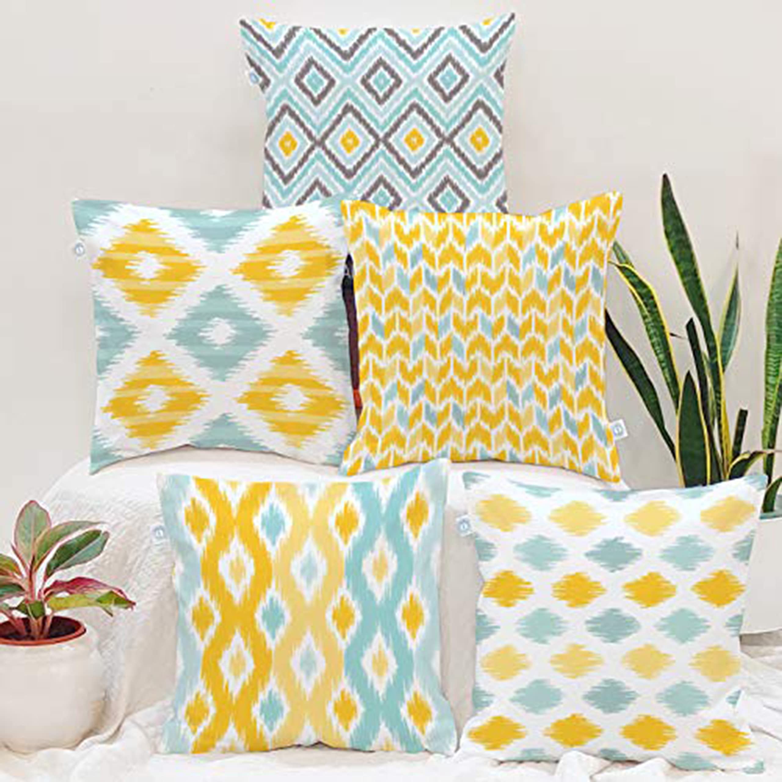 STITCHNEST Ikat Yellow Teal Printed Poly Cotton Cushion Covers, Yellow Teal Combo Set of 5 (18x18 Inches)
