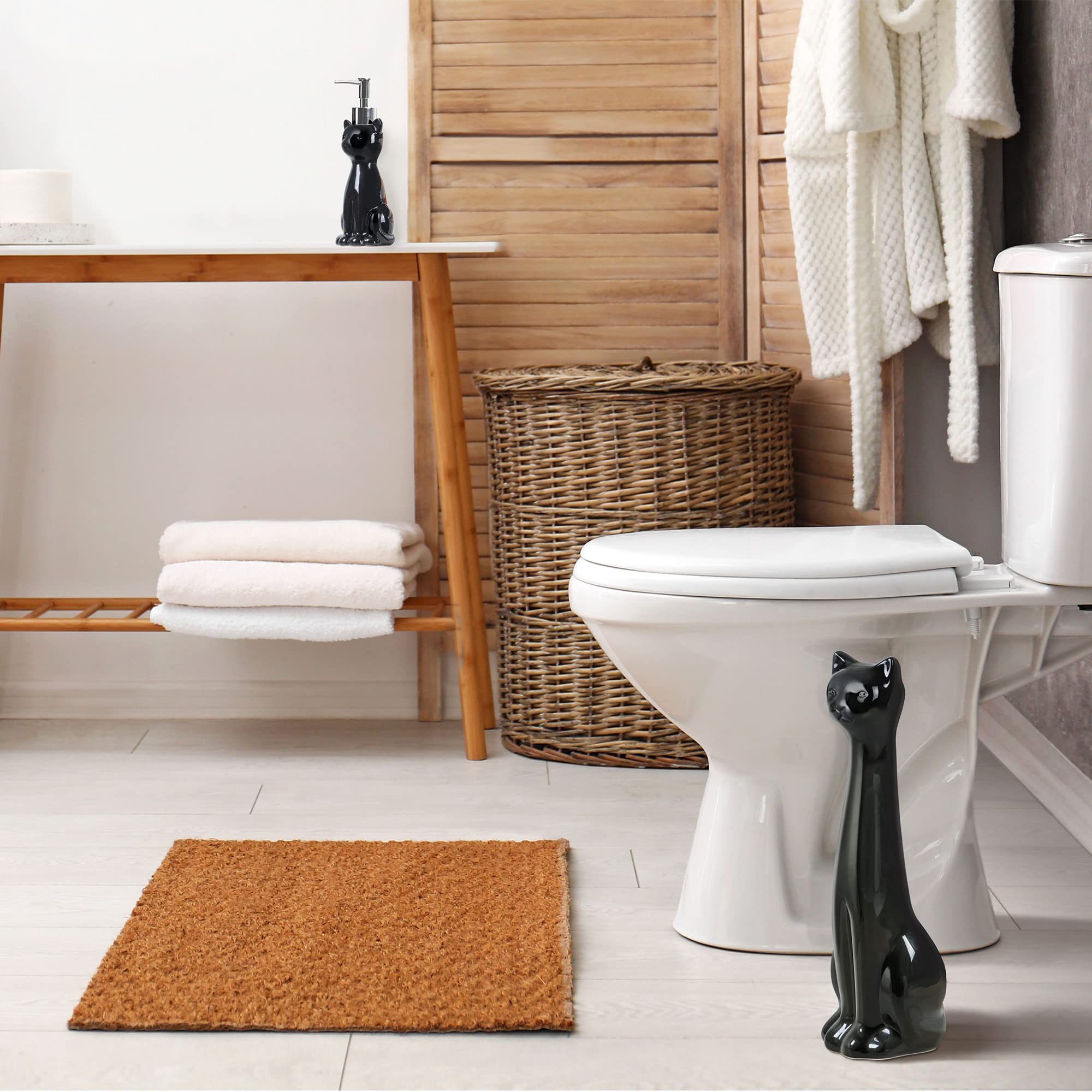 Allure Home Creation Cat Toilet Brush Holder Set, 3-Piece Black Ceramic with White Brush and Soap Dispenser, Model XBSCA