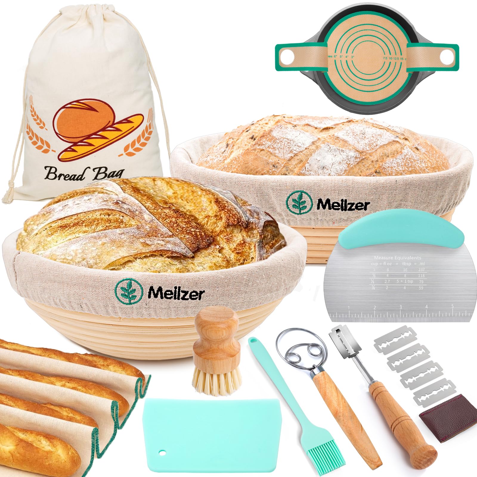 Meilzer Banneton Bread Proofing Basket Gift Set,Round 10'' & Oval 10'' Sourdough Bowls With Cotton And Linen Liner And Other Bre
