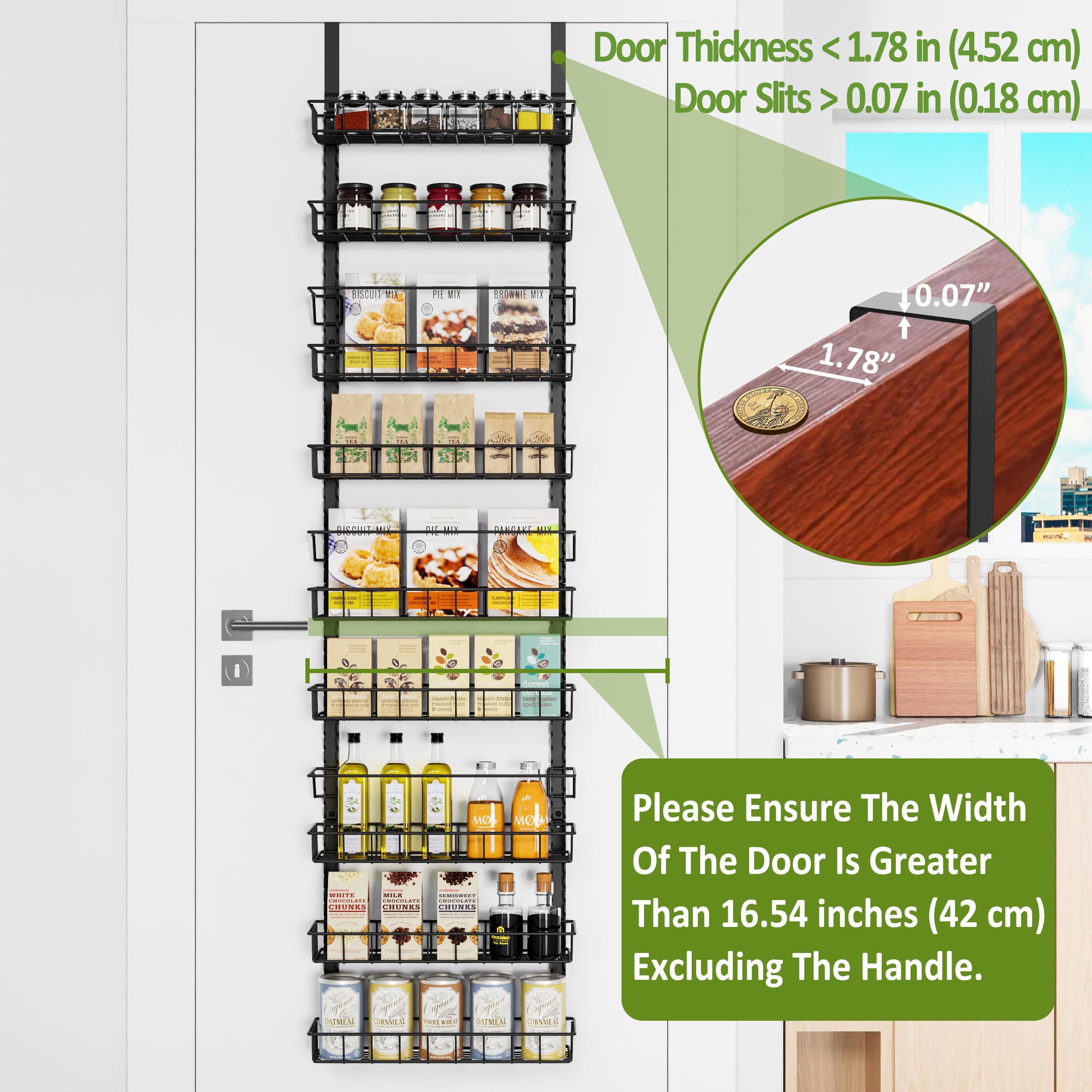 Churboro Over the Door Pantry Organizer Rack with 9 Adjustable Baskets, 9 Tiers Dual-use Hanging or Wall Mount Spice Rack Organi