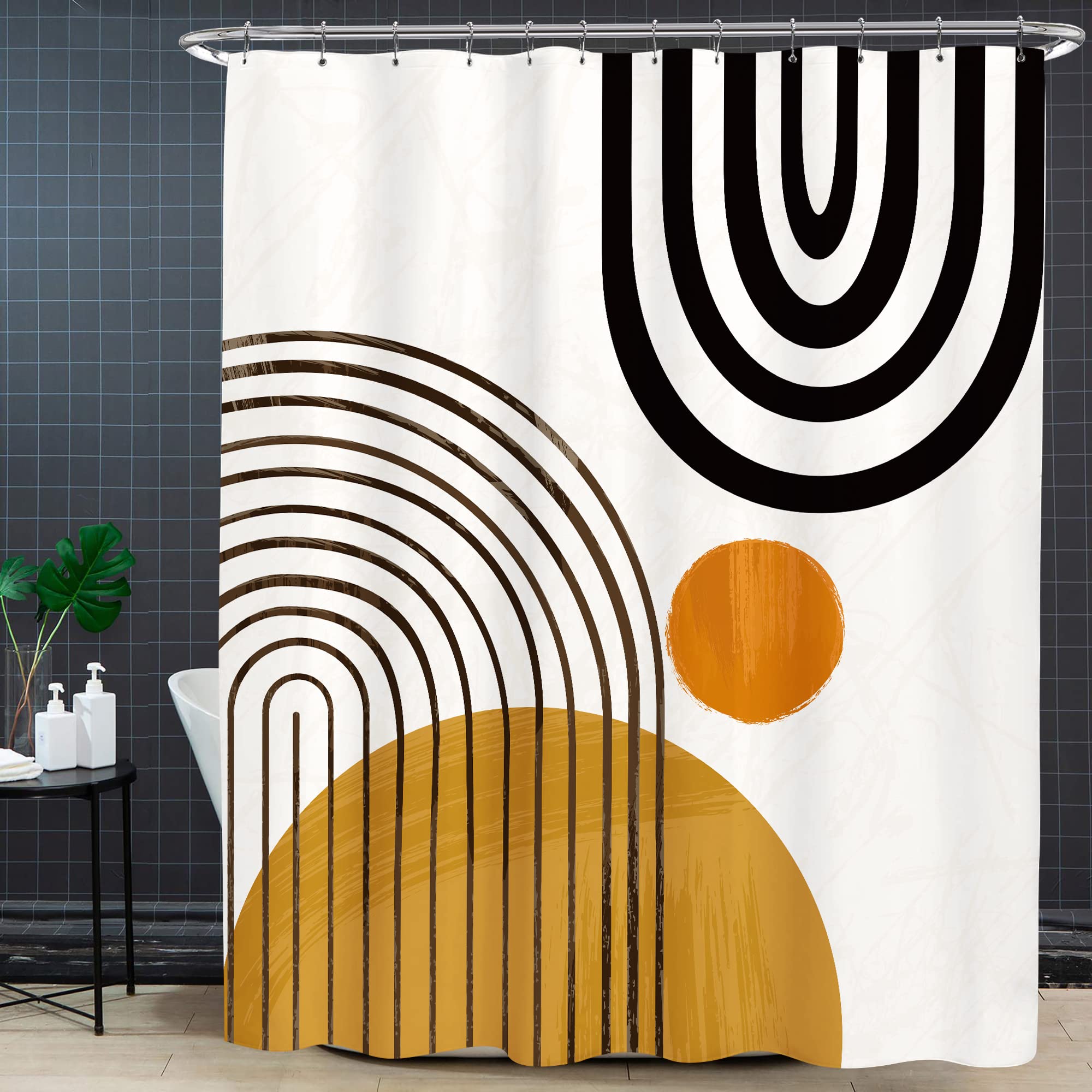 KOMLLEX Abstract Mid Century Shower Curtain for Bathroom Accessories 60Wx72H Inch Modern Cute Contemporary Sun Minimalistic Semicircle Curve Aesthetic Fabric Waterproof Polyester 12 Pack Plastic Hooks