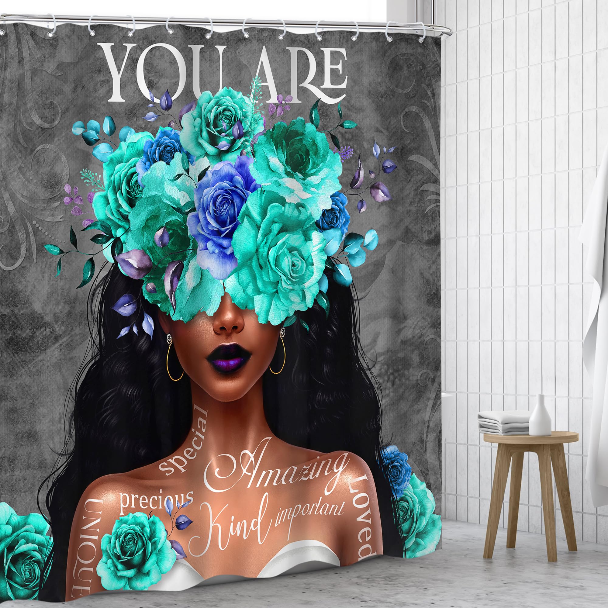 Omifly African American Woman Shower Curtain 72Wx72H Inch Black Girl Teal Flower Rose Inspirational Quotes You Are Aesthetic Mod