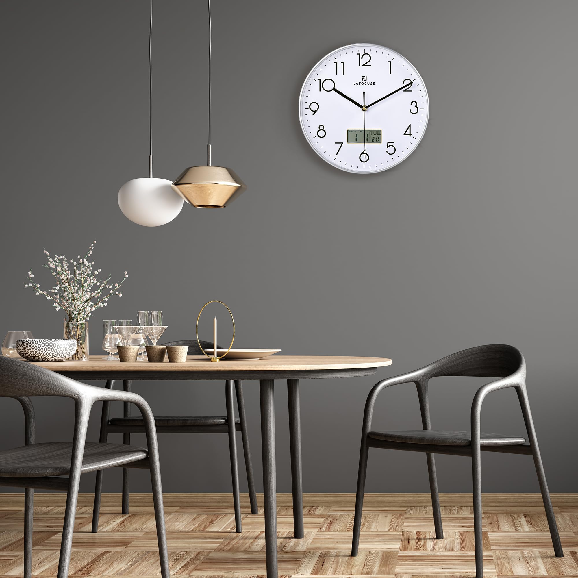 Lafocuse Silver Wall clock with Date Month Day of Week and Temperature  Silent Non-Ticking Battery Operated clock for Living Room Bedroom Office Decor