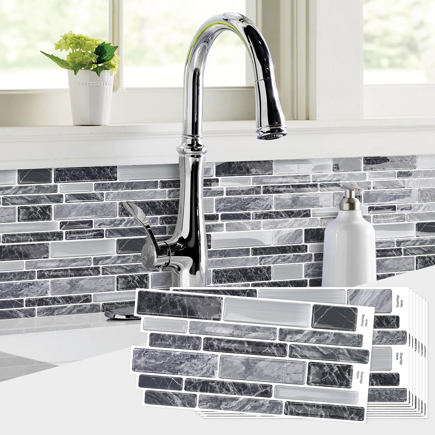 Alwayspon 9.69x4.72inchx10Pcs Marble Subway 3D Self Adhesive Wall Tile Sticker, Peel and Stick Adhesive Waterproof Backsplash St