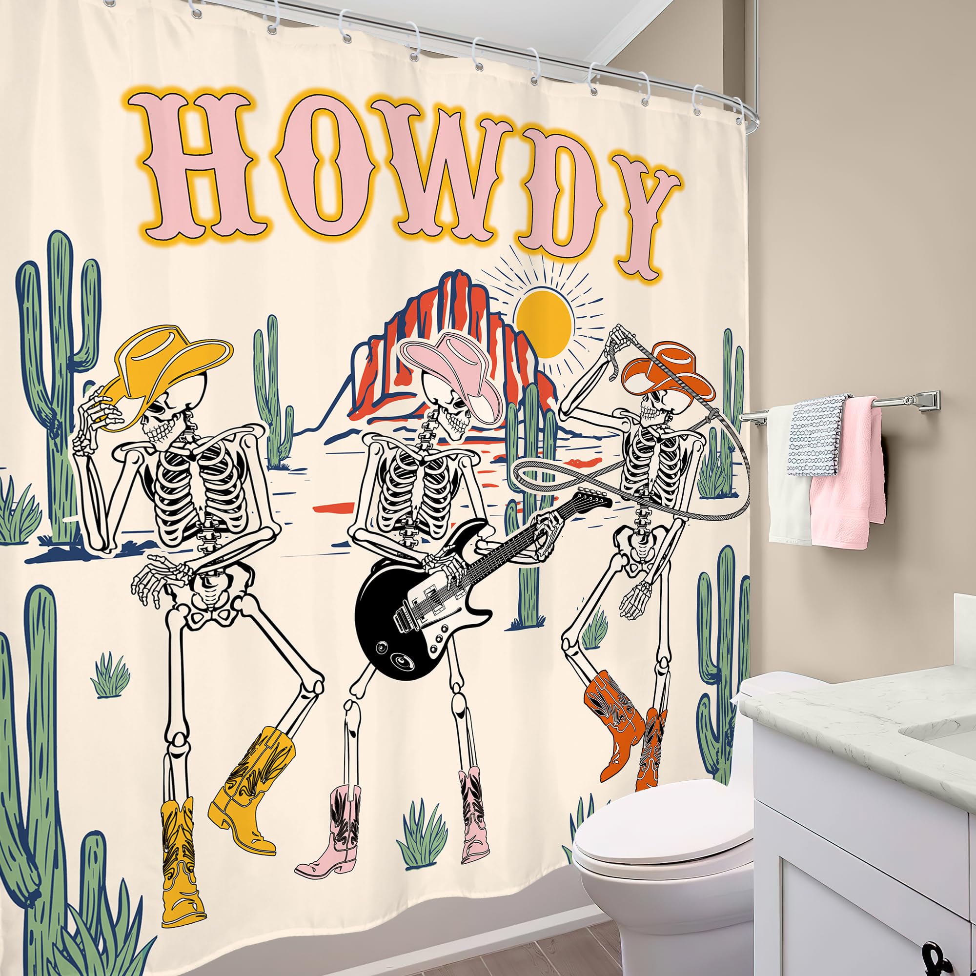 Mitpok Halloween Western Cowboy Skull Shower Curtain Funny Skeleton Retro Cowgirl Texas Howdy Funky Groovy Wild West Desert Goth