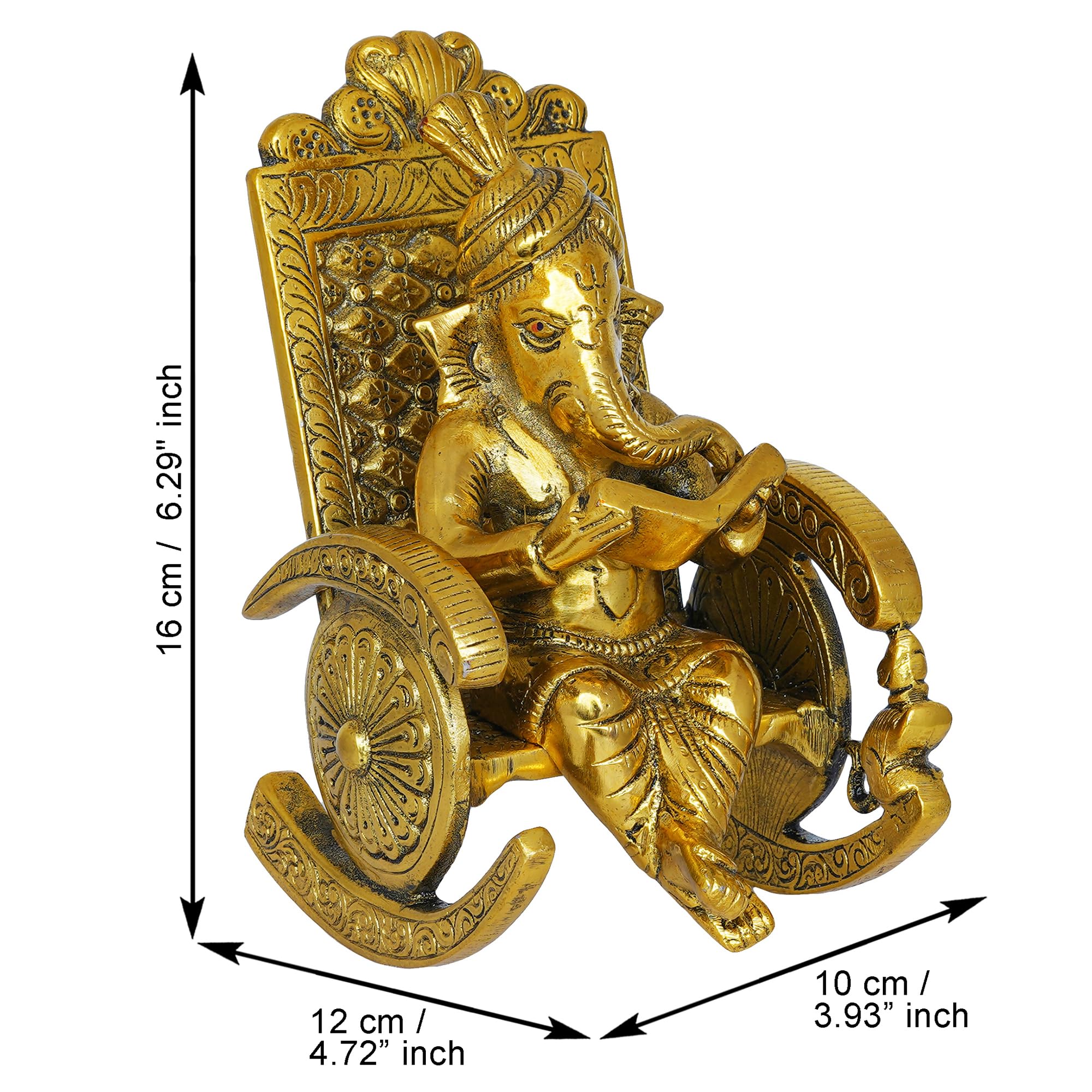 Ecraftindia Golden Metal Handcrafted Lord Ganesha Idol Reading Book On Rocking Chair - God Idol For Home Decor, Office Desk, And