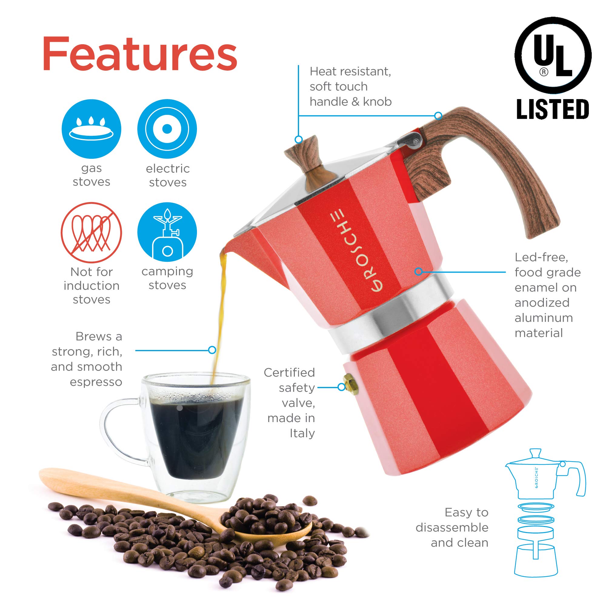 Grosche Milano 6 Espresso Cup, 9.3 Oz Red Stovetop Espresso Maker - Italian Moka Pot
