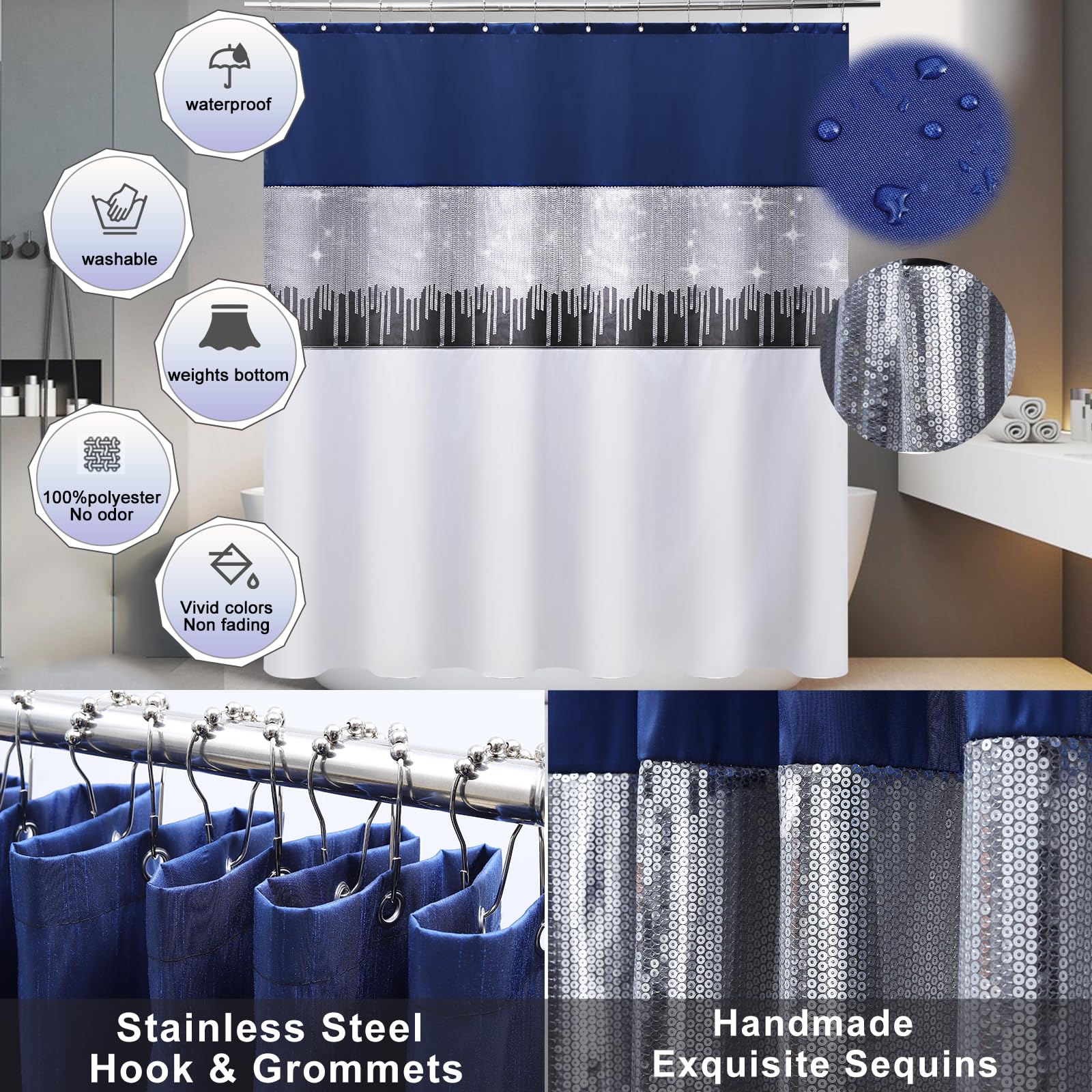 24Pcs Bathroom Sets With Shower Curtain And Rugs, Navy Blue Bathroom Accessories Set Navy Blue Shower Curtain Set Bathroom Acces