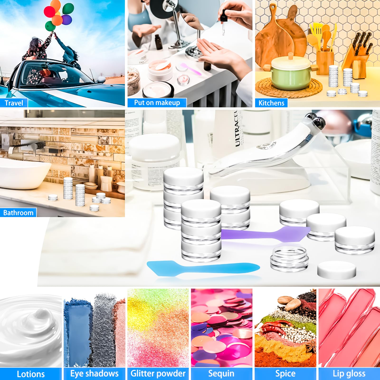Motbach 100 Pcs 3G Empty Plastic Containers With White Lids,Tiny Makeup Sample Containers, Small Pot Jars Clear Round Cosmetic J