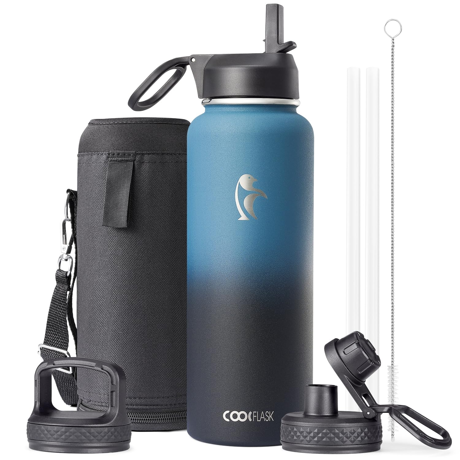 Water Bottle 40 oz Insulated with Straw, Coolflask Stainless Steel Metal 3 Lids Water Flask for Sports or Office, Keep Cold 48H 