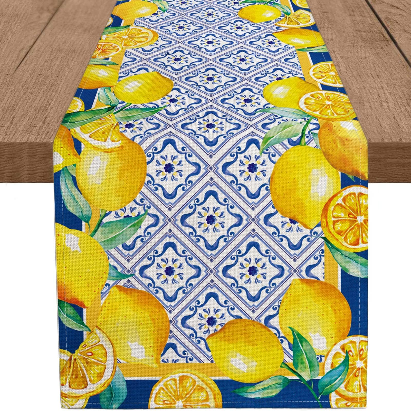 Whomeaf Capri Blue Lemon Table Runner Italy Tile Burlap Artificial Yellow Lemon Fruit Table Runners Farmhouse Coffee Table Cente