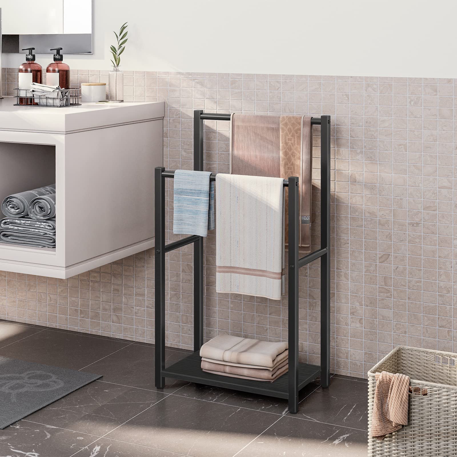 Hoobro Free Standing Towel Rack For Bathroom, 16.5'' L X 9.4'' W X 31.5'' H, 2 Tier Blanket Rack, Blanket Holder, Drying And Dis