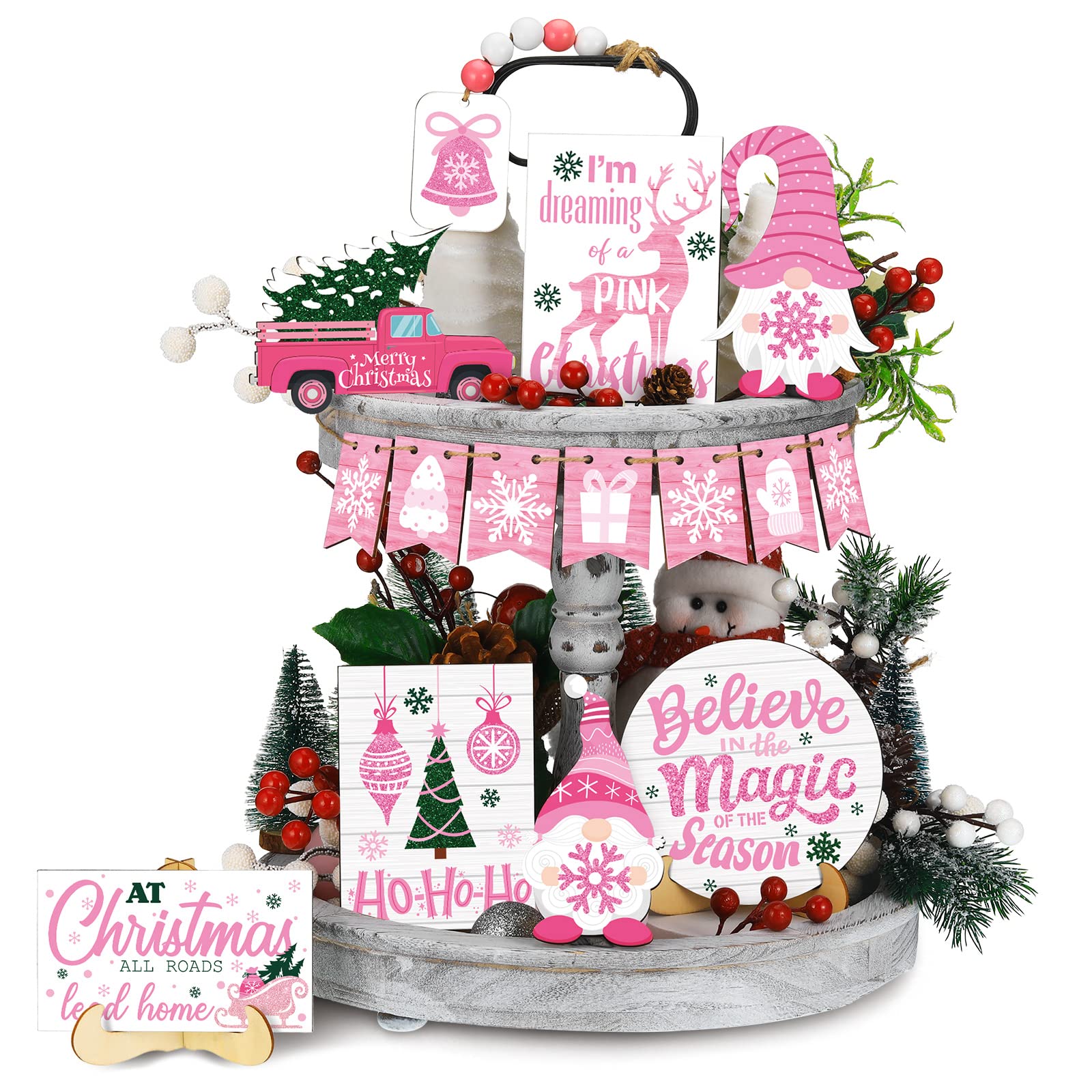 Bucherry 15 Pieces Christmas Tiered Tray Decor Gingerbread Christmas Farmhouse Table Decorations Tiered Tray Xmas Decor Set Wint