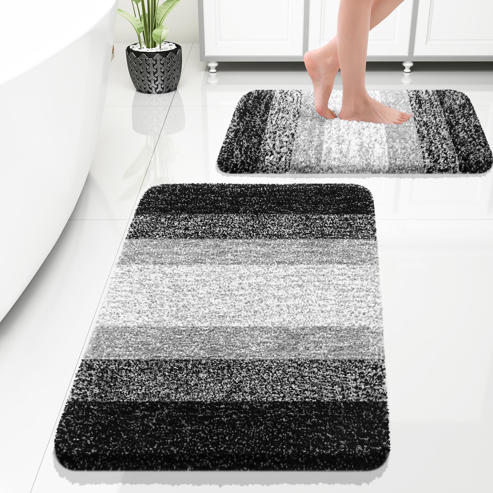 Olanly Luxury Bathroom Rug Set 2 Piece, Soft Absorbent Microfiber Bath Rug Set, Non-Slip Striped Bath Carpet, Machine Wash Dry,