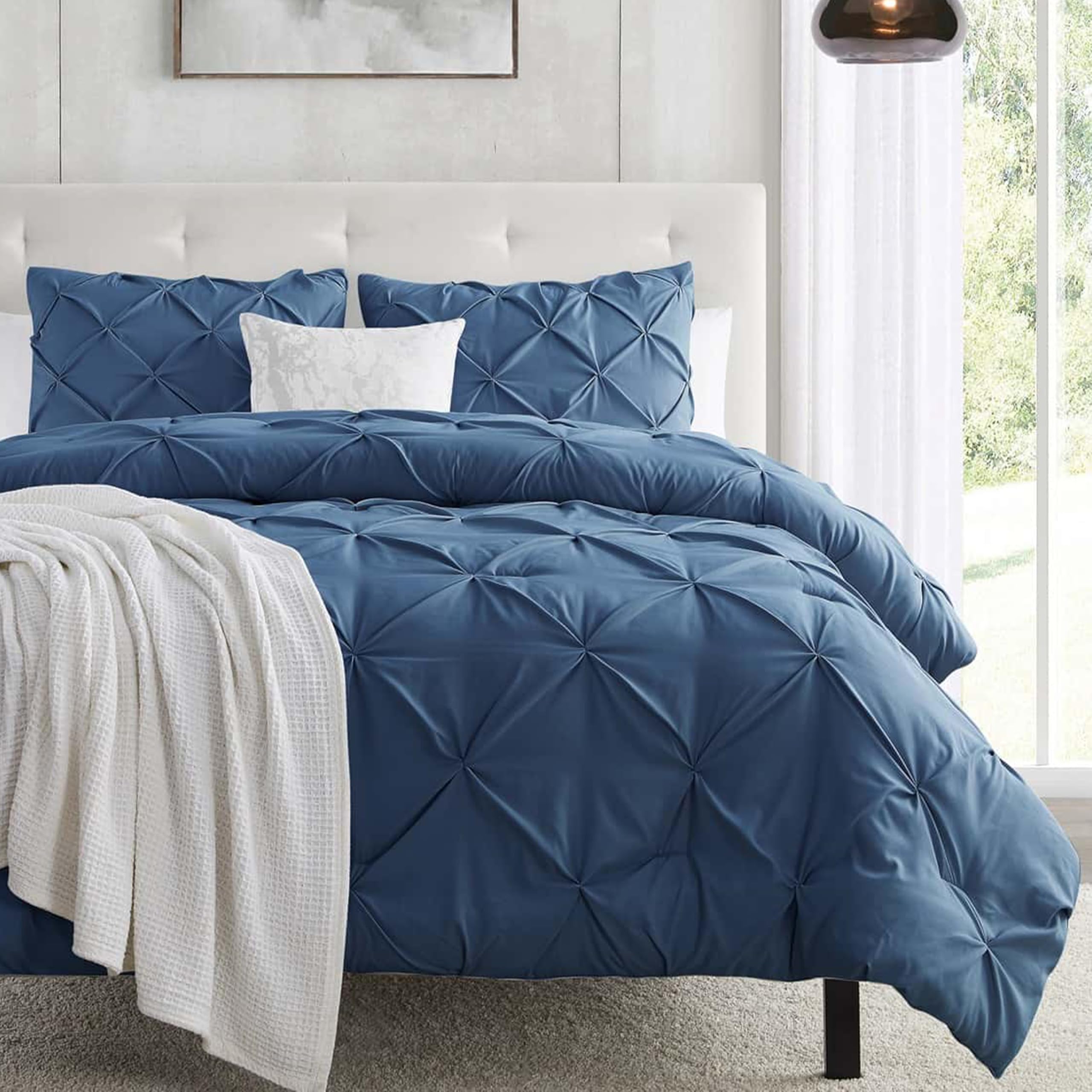Nestl Navy Blue Duvet Cover Full Size - Soft Double Brushed Duvet Set with Button Closure & Corner Ties, 3 Piece Luxurious Pinch Pleated Duvet Cover Set 80x90 Inches with 2 Pillow Shams-New Condition