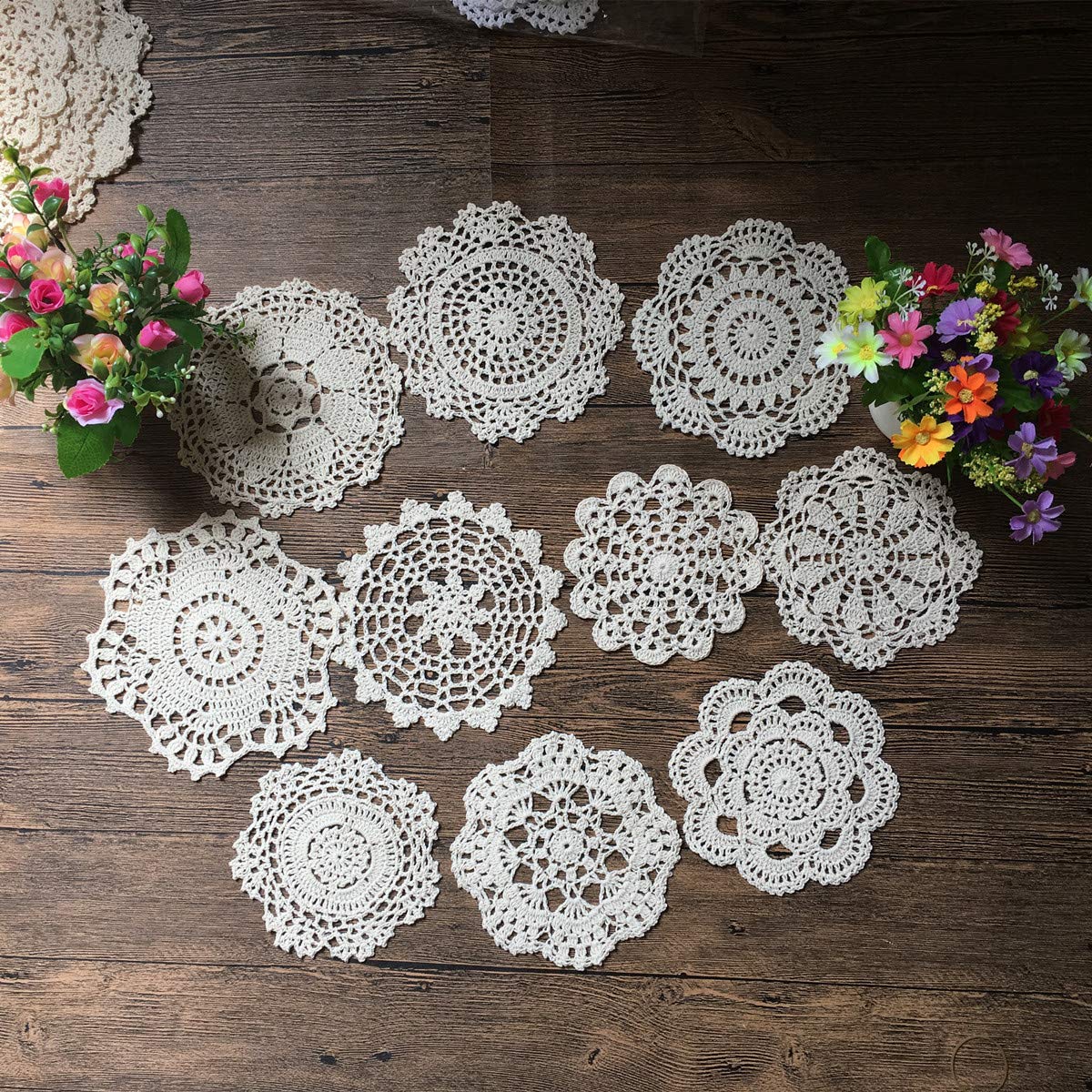 Mindplus Set Of 10 Cotton Hand Crochet Doilies Lace White 6-7 Inches Round Crocheted Placemats Vintage Wedding Tea Party
