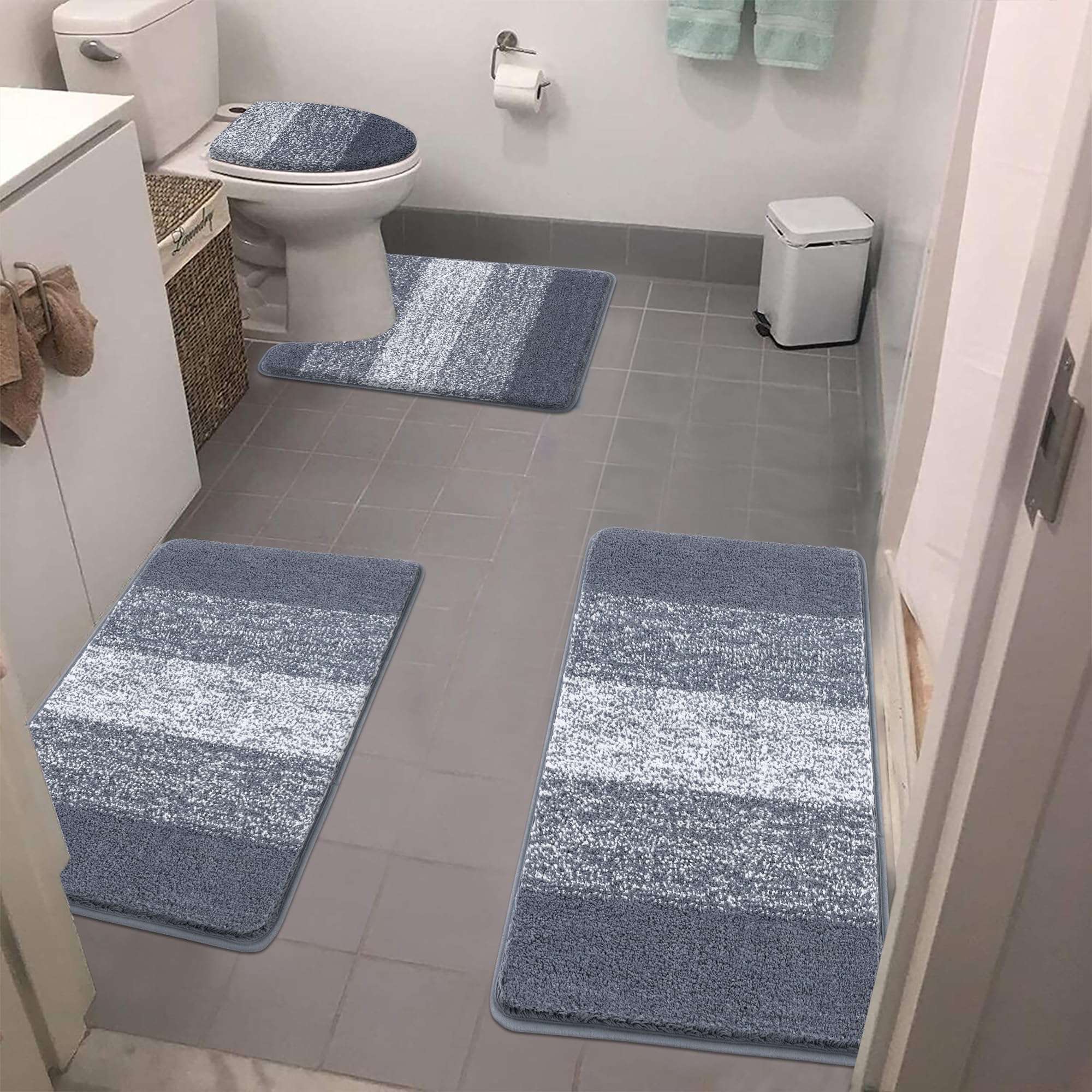 Bsmathom Bathroom Rugs Sets 4 Piece With Toilet Cover, Plush Shaggy Microfiber Non Slip Bath Rugs, Machine Washable Bathroom Mat