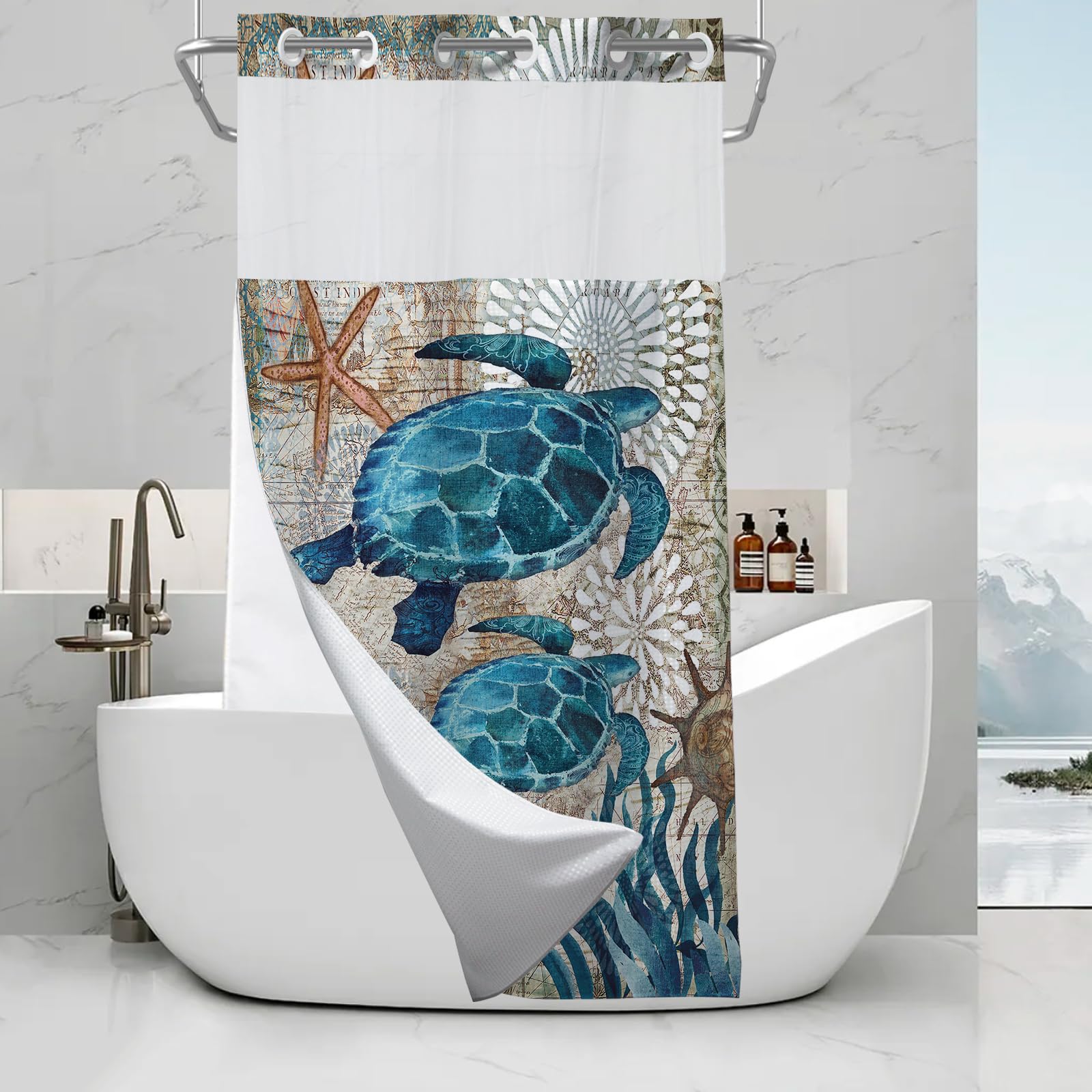 Final Friday Green And Teal Sea Turtles Theme No Hook Waffle Weave Shower Curtain With Snap In Liner Nautical Beach Bathroom Blu