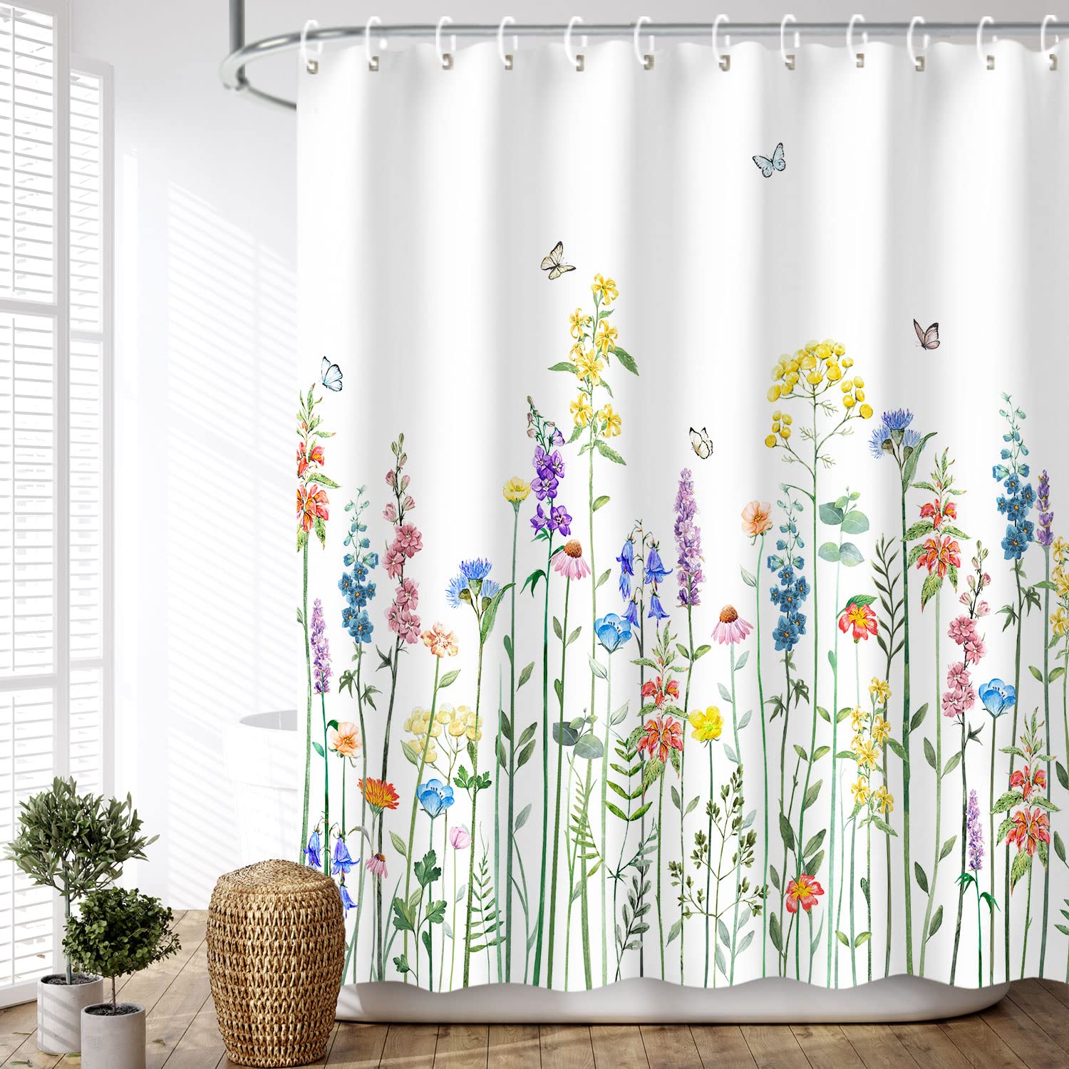 Livilan Floral Shower Curtain For Bathroom Flower Shower Curtain Watercolor Shower Curtain Colorful Butterfly Flowered Plant Wil
