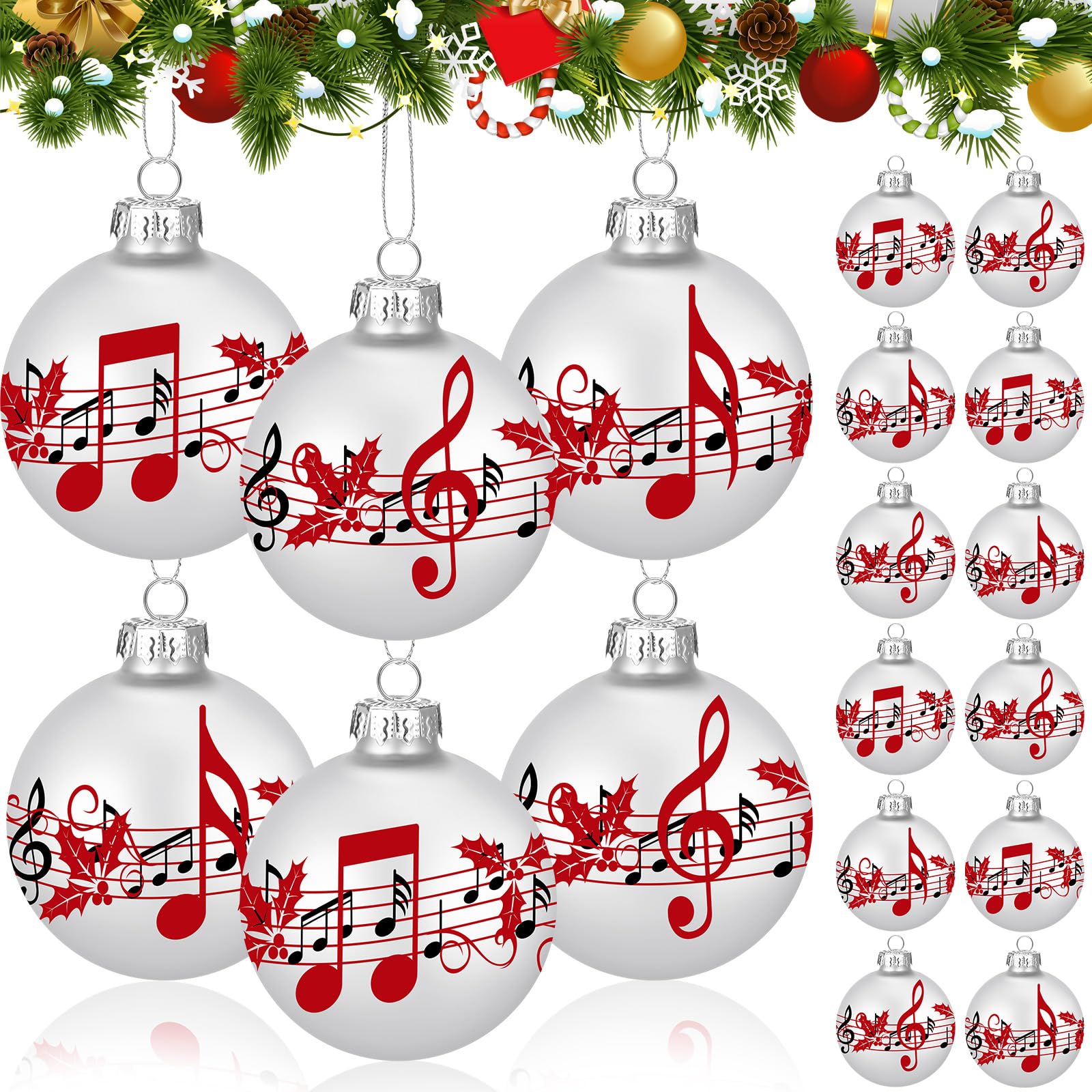 GlikCeil 12 Pcs White Musical Christmas Ornament for Tree 2.4'' Music Notes Balls Music Themed Hanging Ornaments Musical Notes C