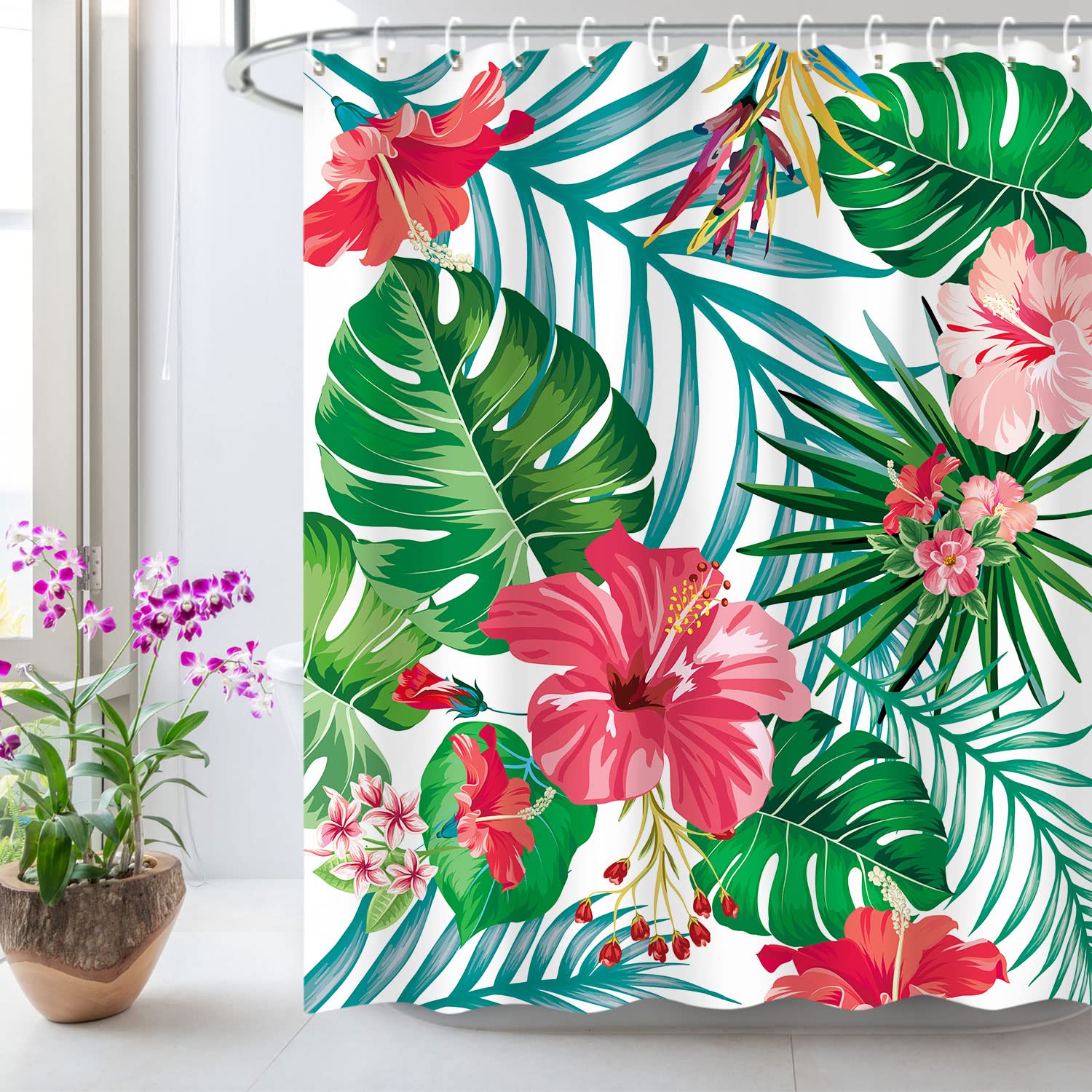 Livilan Floral Shower Curtain, Green Shower Curtain, Tropical Shower Curtains For Bathroom, Flower Shower Curtain, Botanical Sho