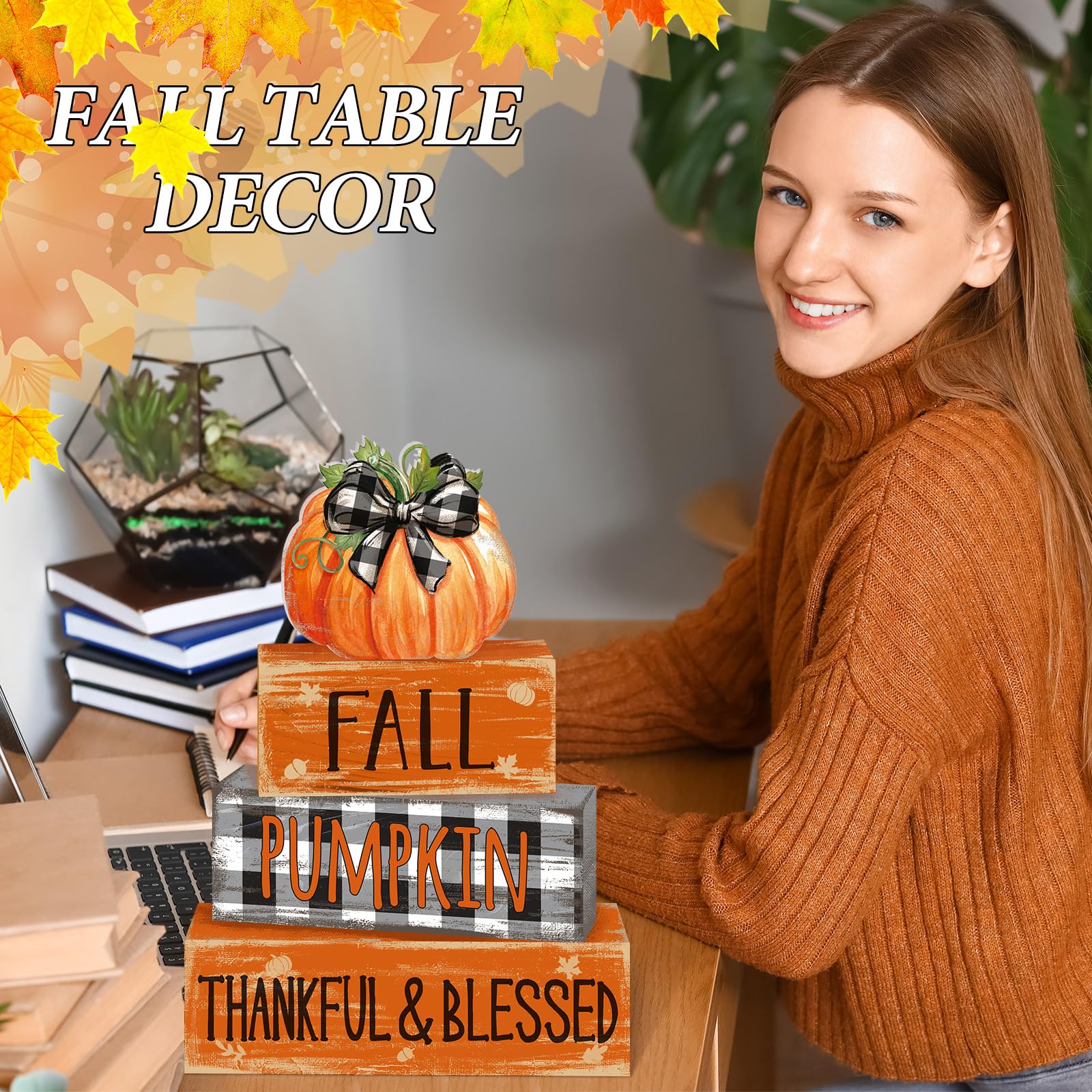 4 Pcs Fall Thanksgiving Decor for Home Buffalo Plaid Pumpkin Wooden Signs with Blessed Autumn Tiered Tray Decor Grid Pumpkin Tab