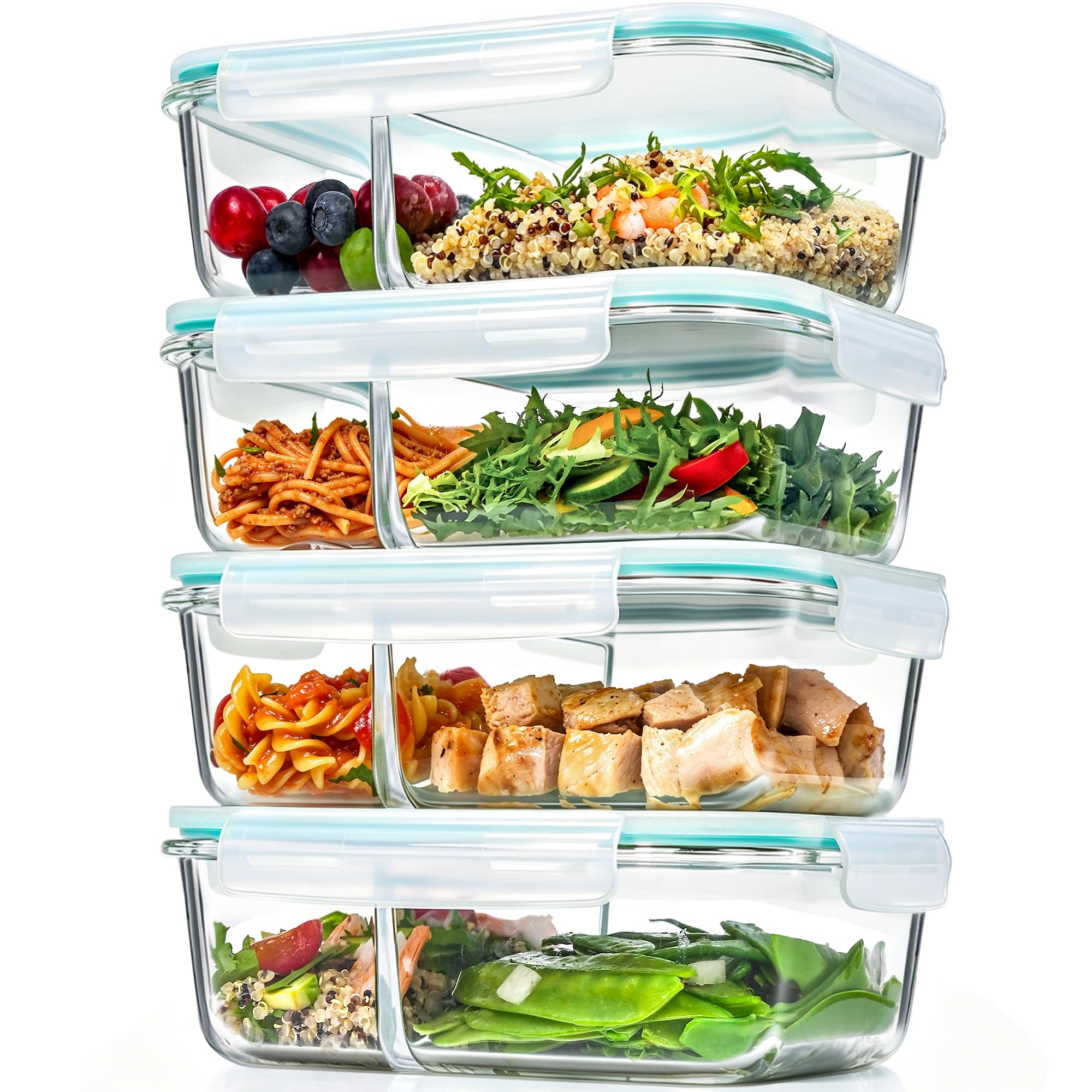 GEHE 4 Pack 52 oz Large Glass Food Storage Containers with Lids  2 Compartments Glass Meal Prep Containers For Serving, Baking,