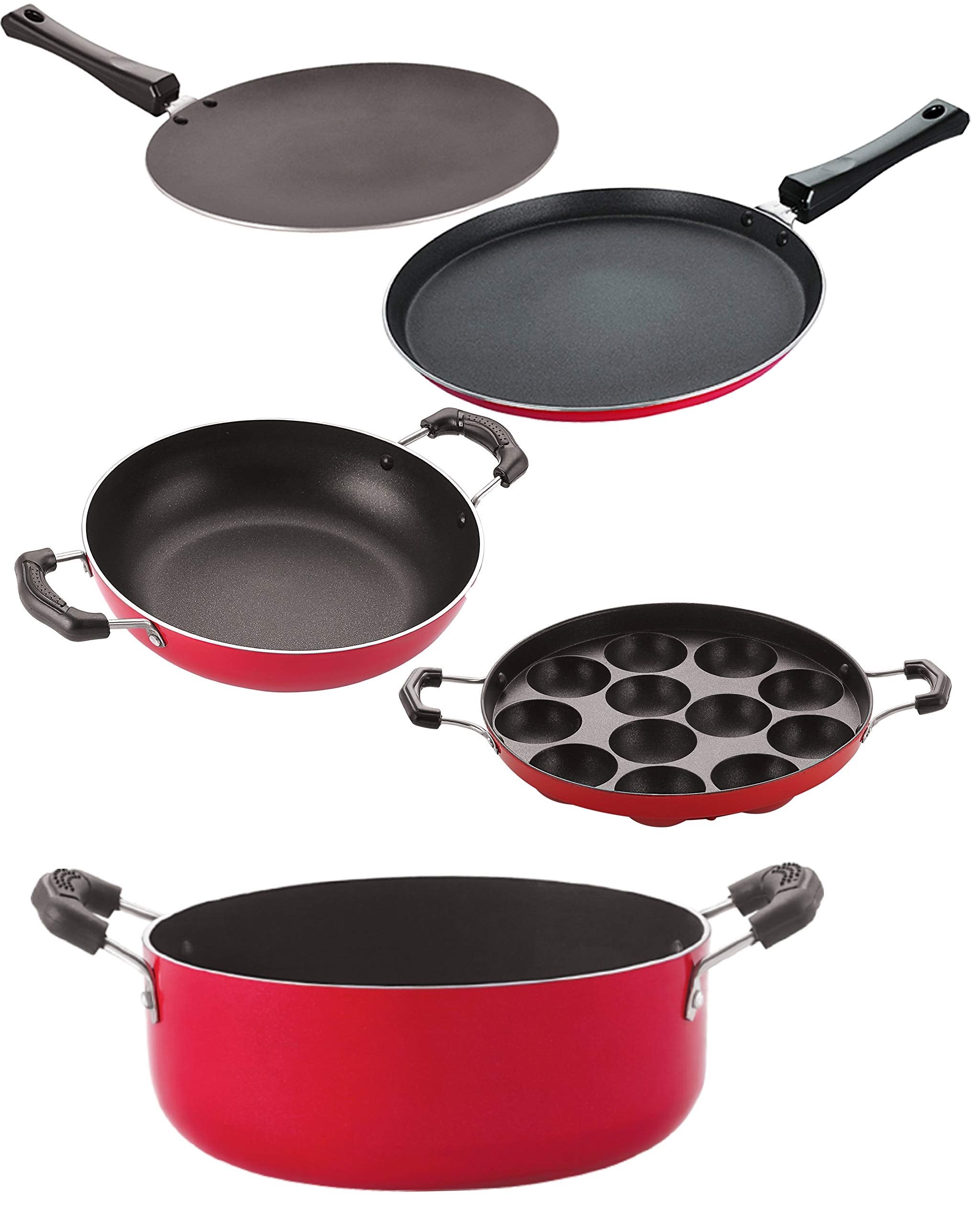 Nirlon NonStick Coated Dishwasher Safe Aluminium Kitchen Utencils Combo Set Of 5 Pieces (2.6Mm_Ct_Kd13_Appam_Cass22_Ft12)
