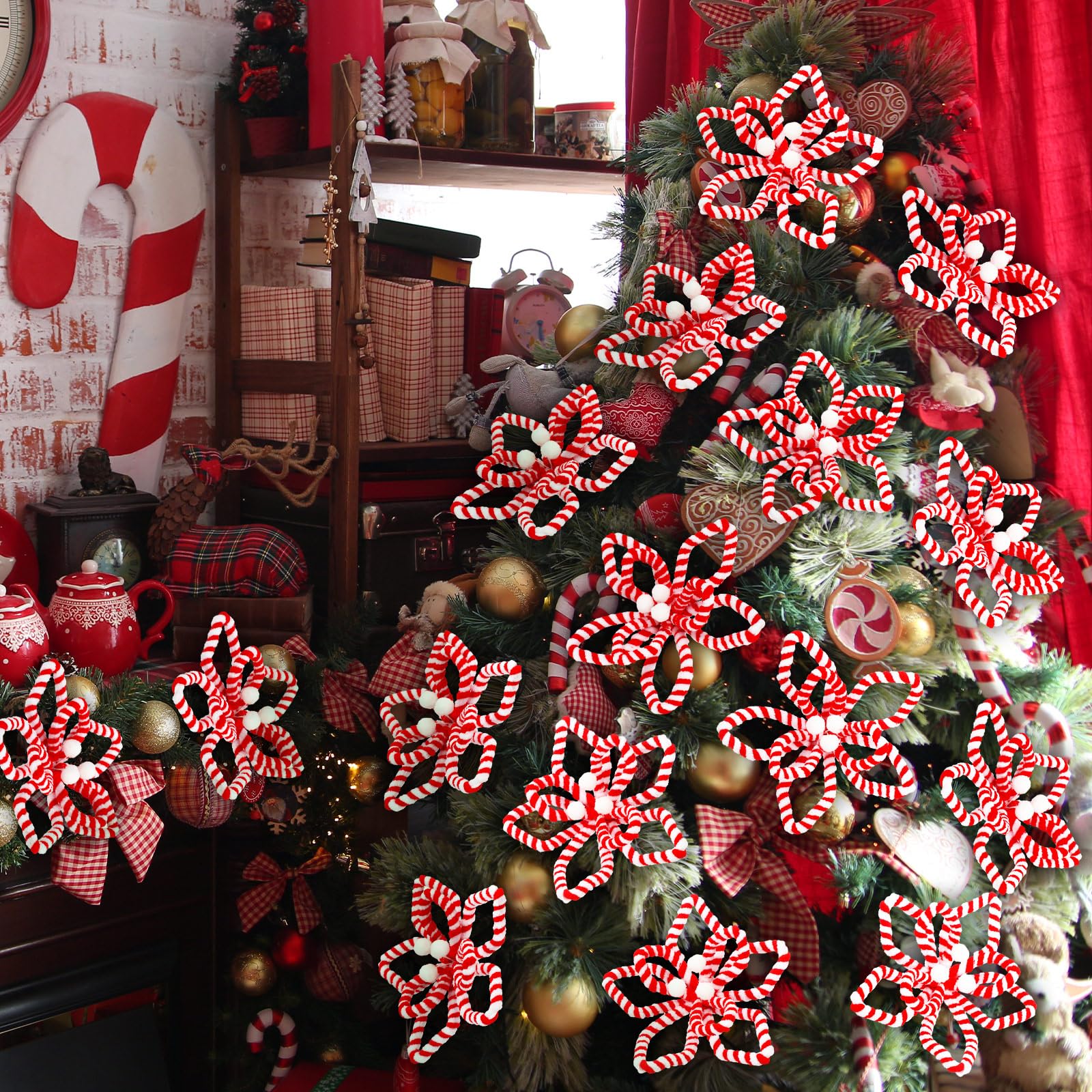 Bucherry 12 Candy Cane Christmas Ornaments Decorations, Silk Poinsettia Candy Cane Ornaments for Christmas Tree, Red White Peppe