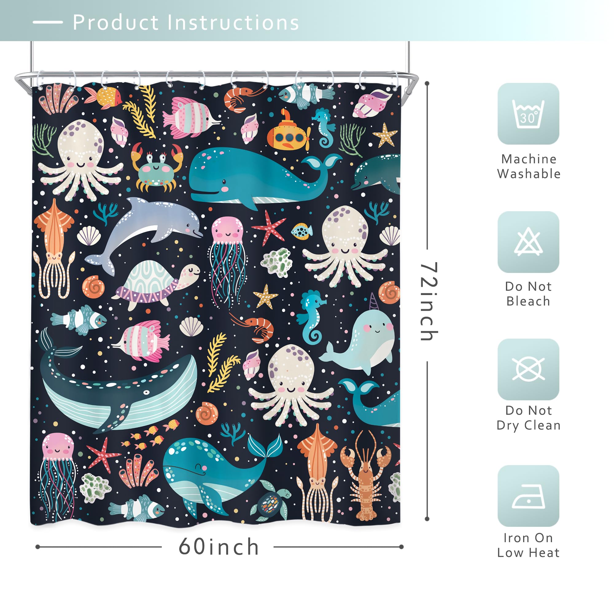 Riyidecor Kids Ocean Animal Shower Curtain 60Wx72H Inch Underwater Cartoon Whale Dolphin Octopus Jellyfish Turtle Beach Sealife