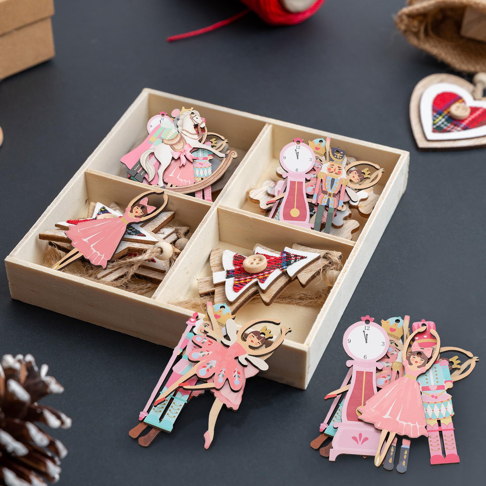 Leinuosen 50 Pcs Pink Christmas Nutcracker Wood Ornaments Christmas Nutcracker Princess Wooden Hanging Ornaments Wooden Hanging