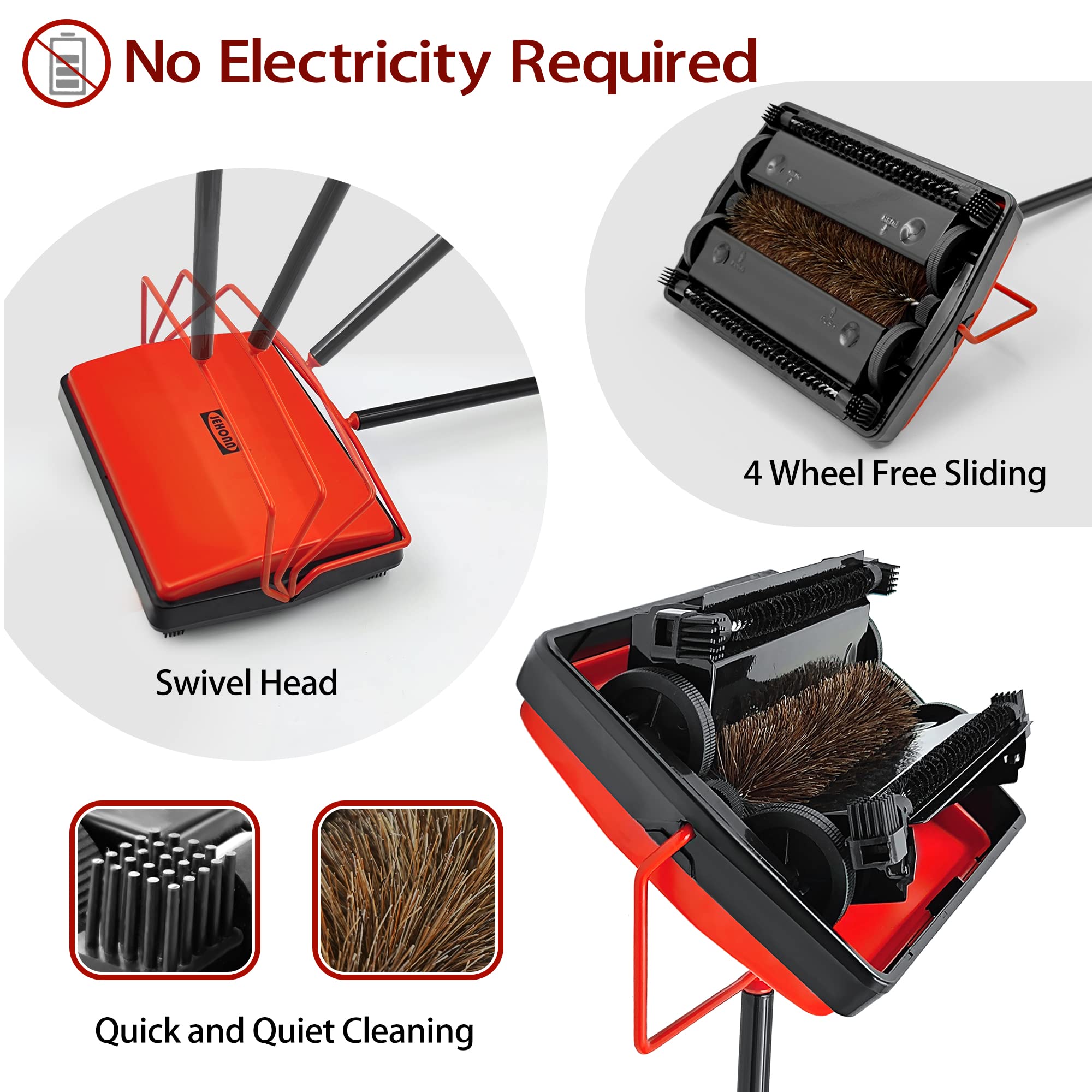JEHONN Carpet Floor Sweeper Manual, Non-Electric, Horsehair Brush for Pet Hair & Debris, Model CS-01, Red