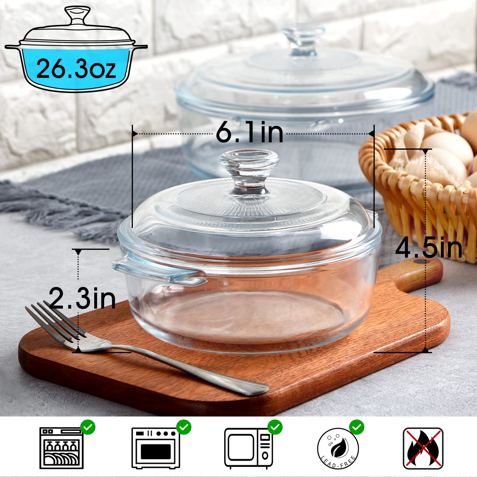 Nutriups Glass Casserole Dish With Lid Oven Safe Covered Round Casserole Dish With Handles, Glass Microwave Bowls With Glass Lid