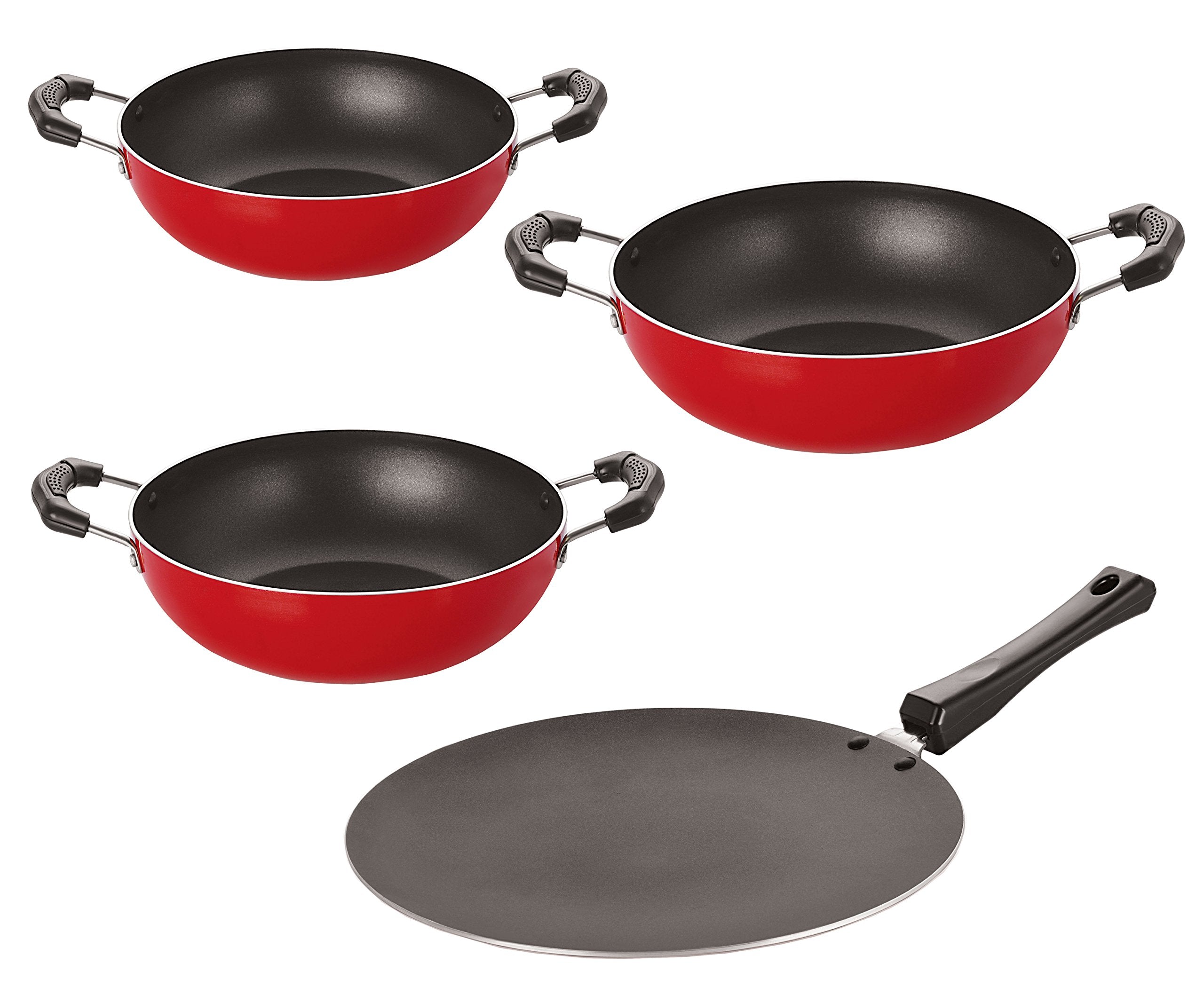 Nirlon NonStick Aluminum Cookware Set, 4Piece, Red And Black (Ct11_Kd11_Kd12_Kd13)