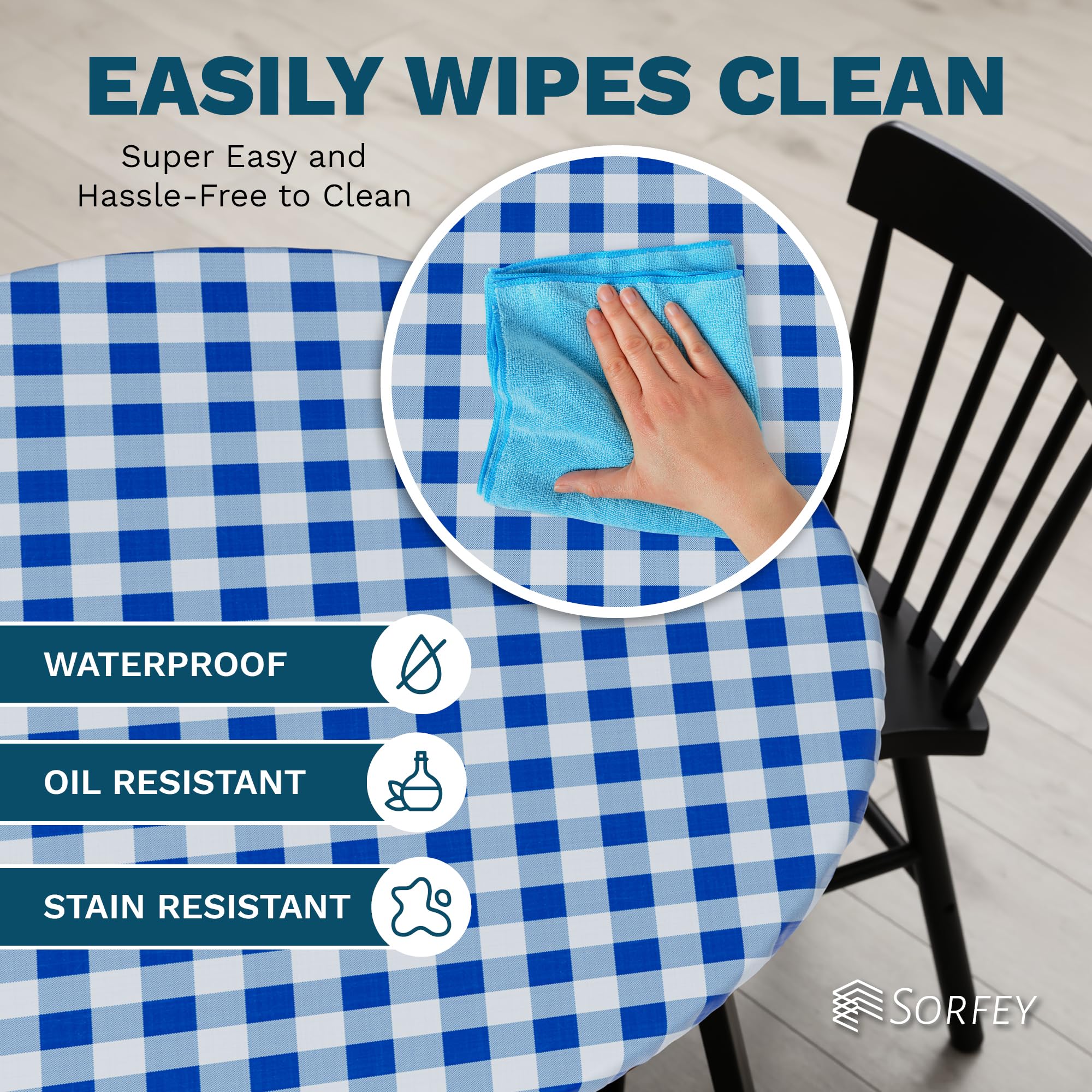 Sorfey Tablecloth -Fitted With Elastic, Vinyl With Flannel Back, Fits For Table 36 Inches Round ,Water Proof, Easy To Clean, Che