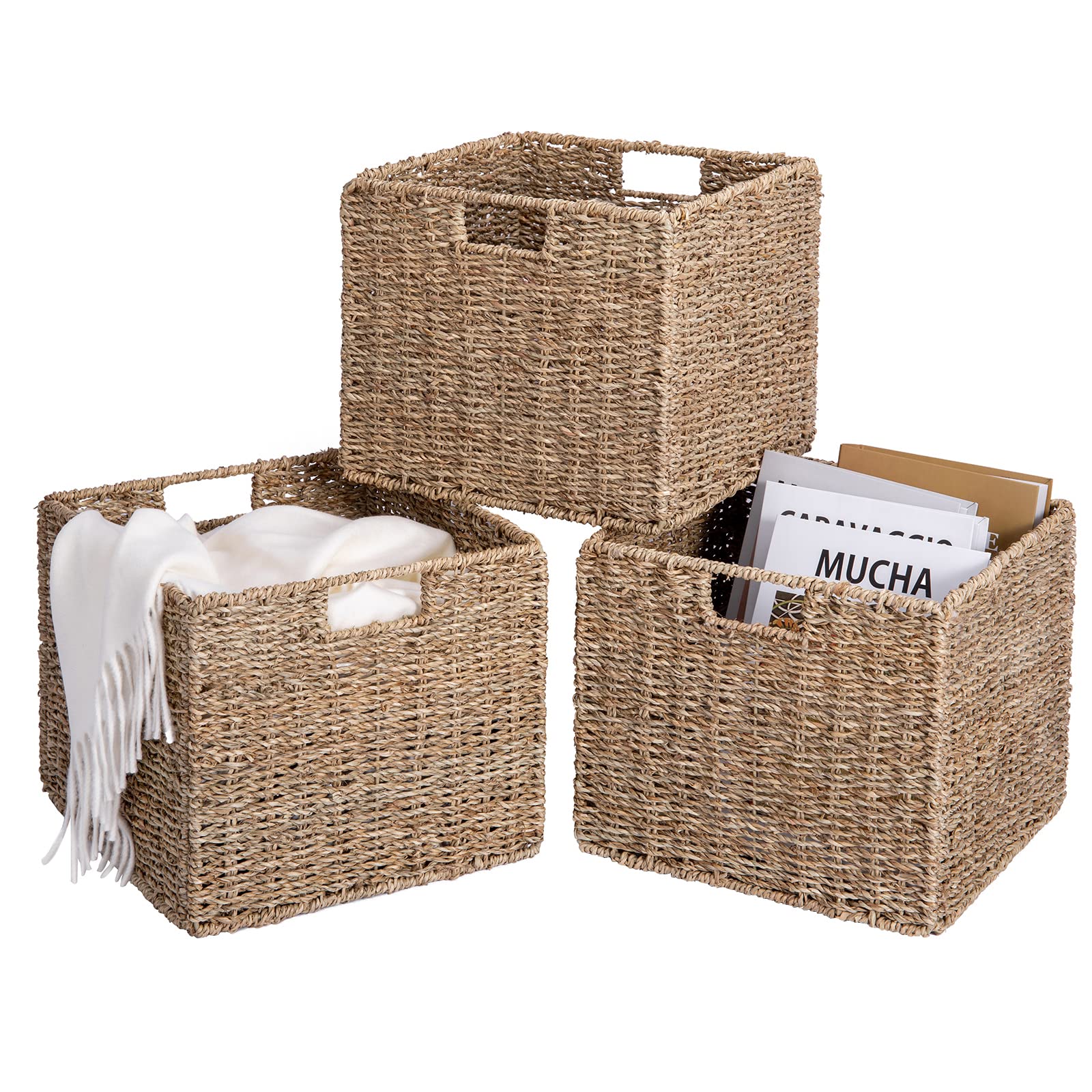 12X12X10In Seagrass Storage Baskets Set Of 4, Large Wicker Storage Basket, Decorative Seagrass Shelf Basket, Pantry Baskets Orga