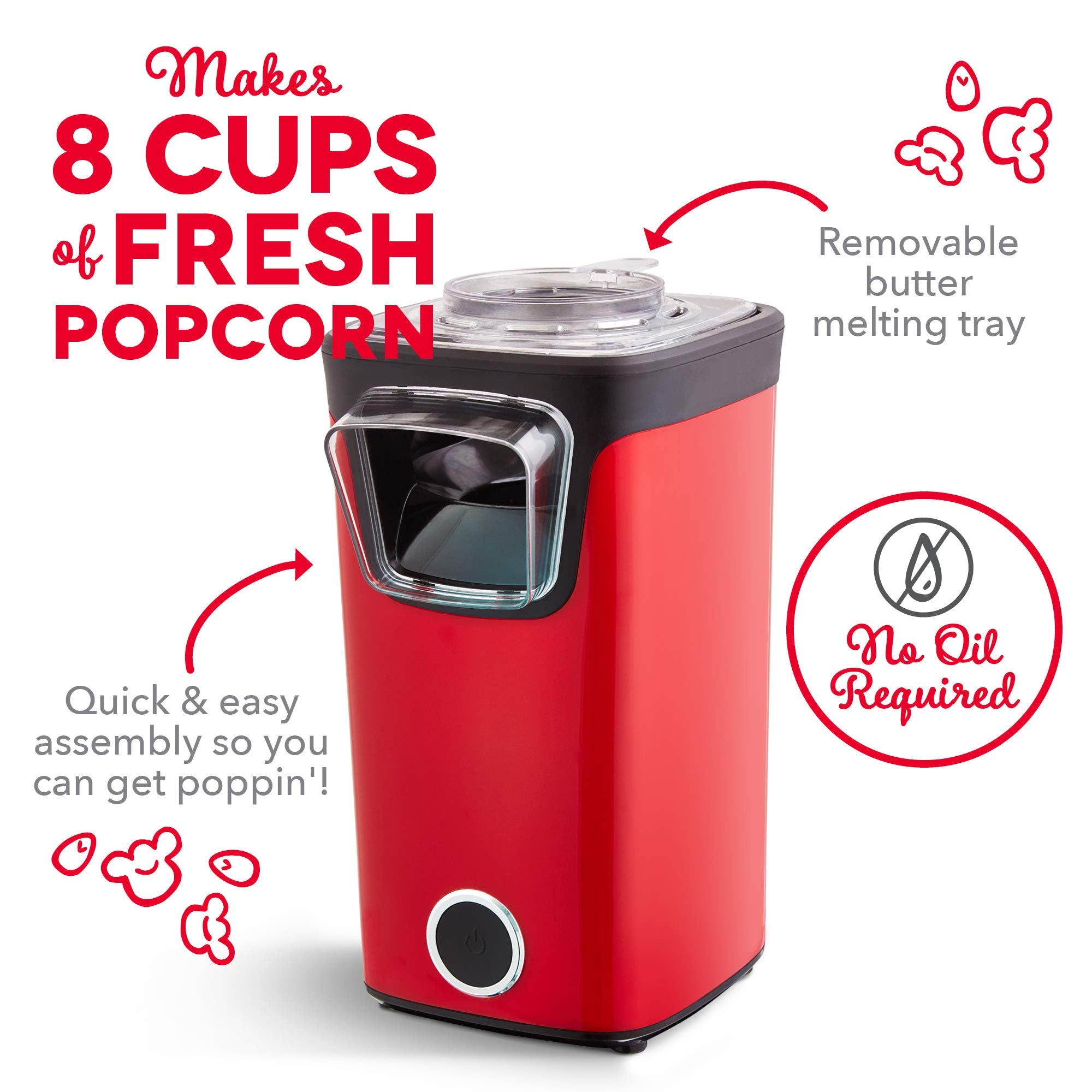 Dash Turbo Pop Popcorn Maker With Measuring Cup To Portion Popping Corn Kernels + Melt Butter, 8 Cup Popcorn Machine - Red