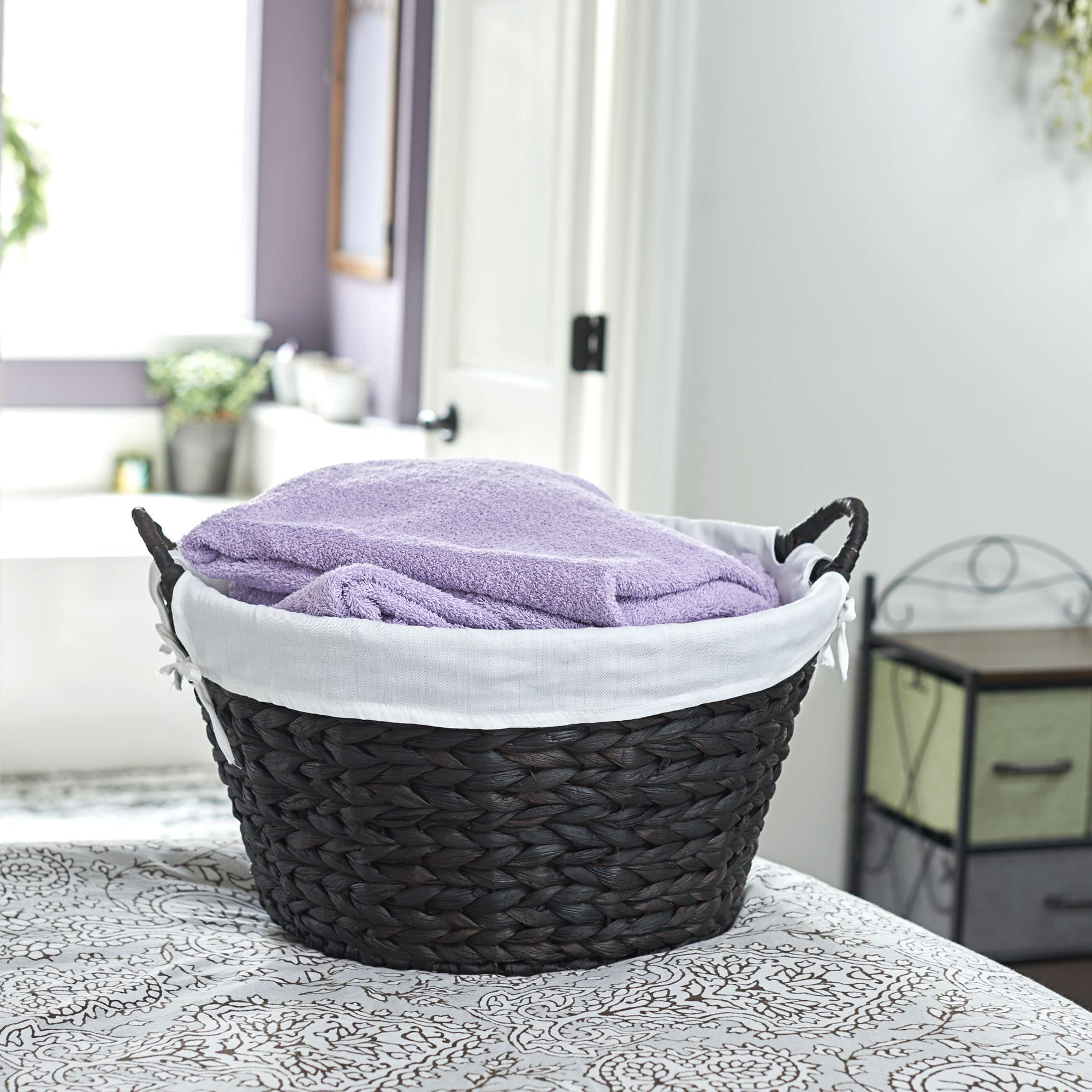 Household Essentials Round Wicker Laundry Basket with Handles  Whimsical Water Hyacinth Basket  Supportive Metal Frame  Removable Polyester Liner  Handwoven  Well-Structured and Versatile  Brown Large