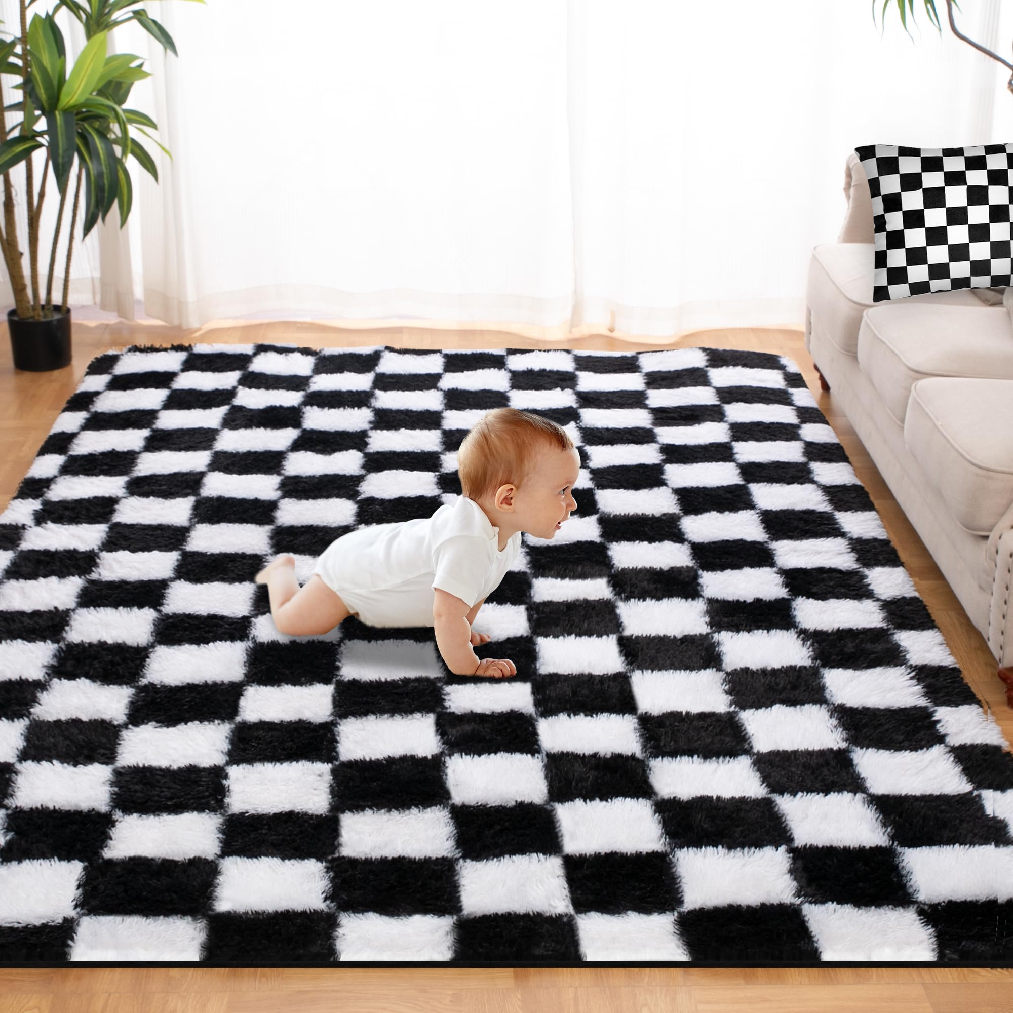 Super Soft Rug for Bedroom, 6x9 Ft Black and White Area Rug Classic Checkered Shaggy Rug Anti-Skid High Pile Soft Fluffy Rug Fuz