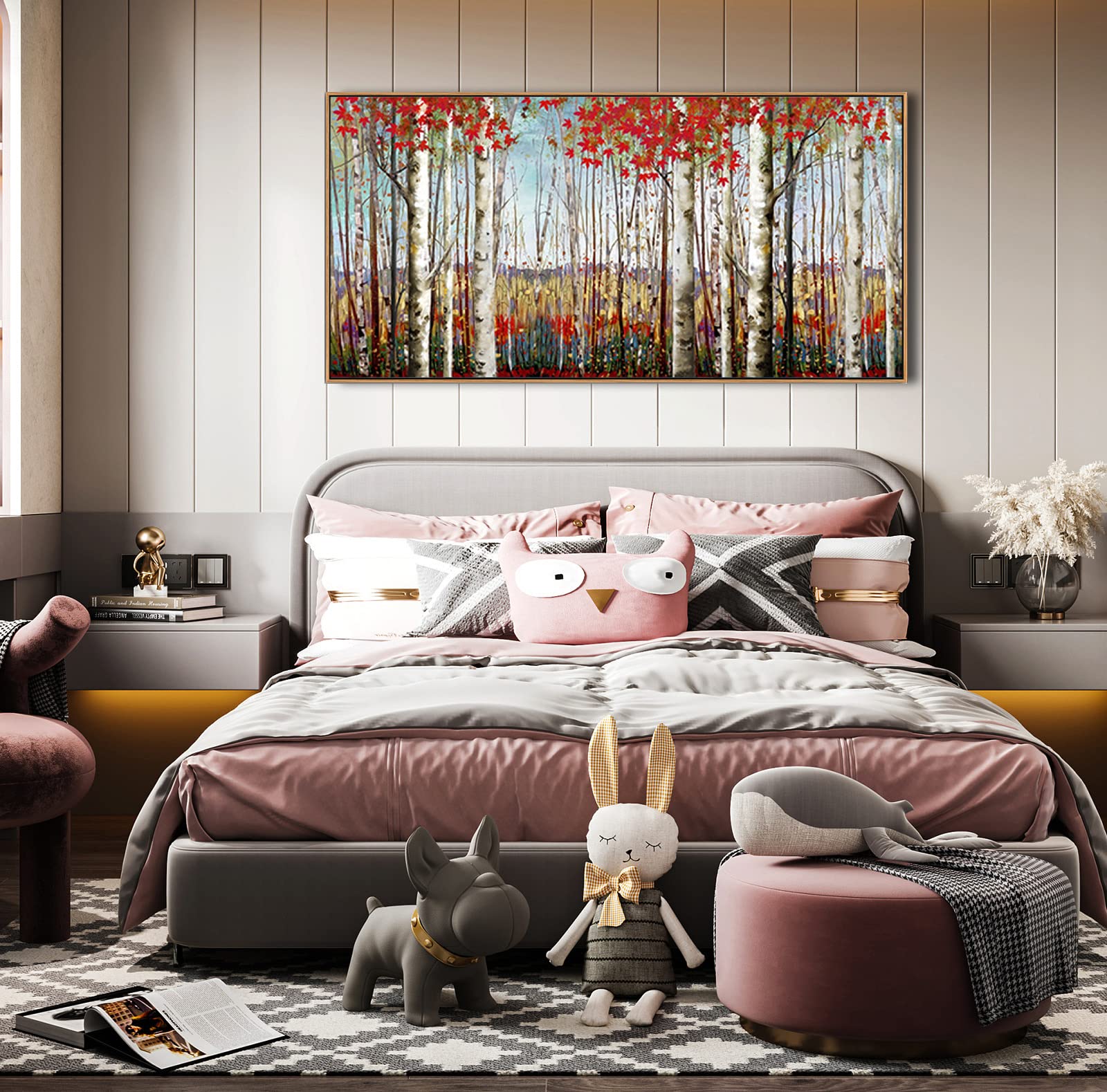 Large Framed Wall Art For Living Room Bedroom Modern Wall Decor Of Red Leaves White Birch Tree Painting Artwork Wall Decoration