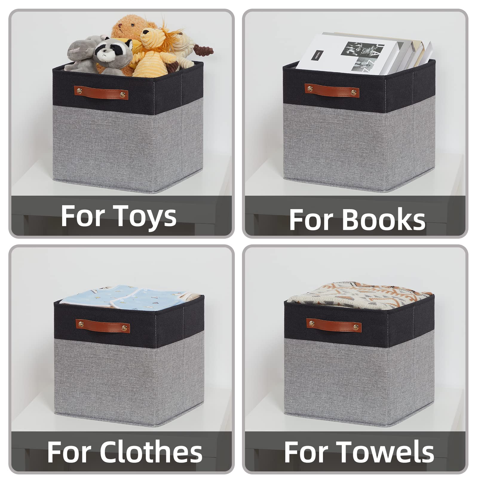 HNZIGE Cube Storage Baskets Fabric Storage Cubes 12 x 12  Set of 4 Decorative Storage Baskets for Organizing with Handles Closet Bins for Shelf Organizer Home Toy Nursery Closet(Black Gray)