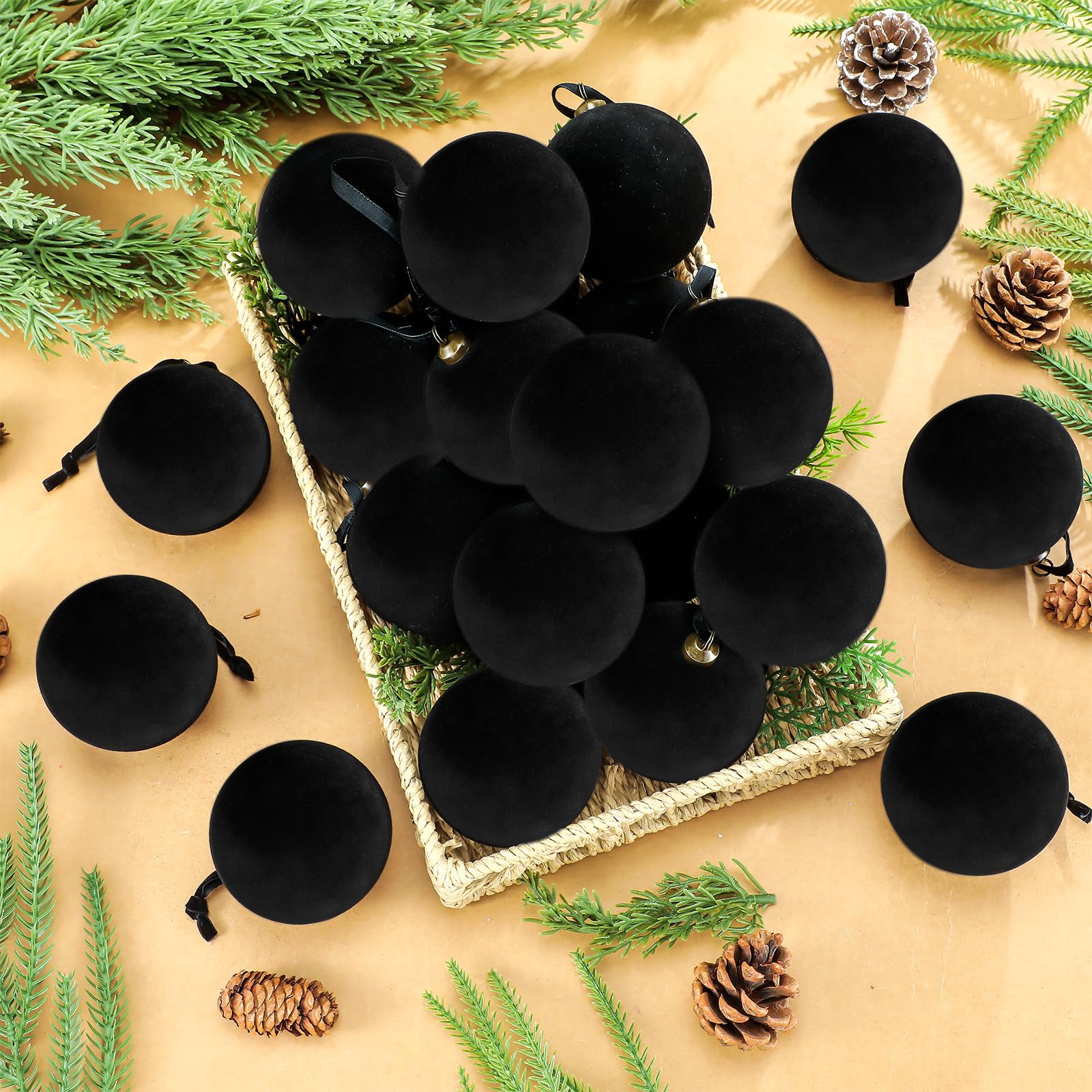 Arrowbash 32 Pcs Black Velvet Christmas Balls Bulk - 3.15 Inch Flocked Christmas Tree Ball Ornaments Xmas Shatterproof Hanging O
