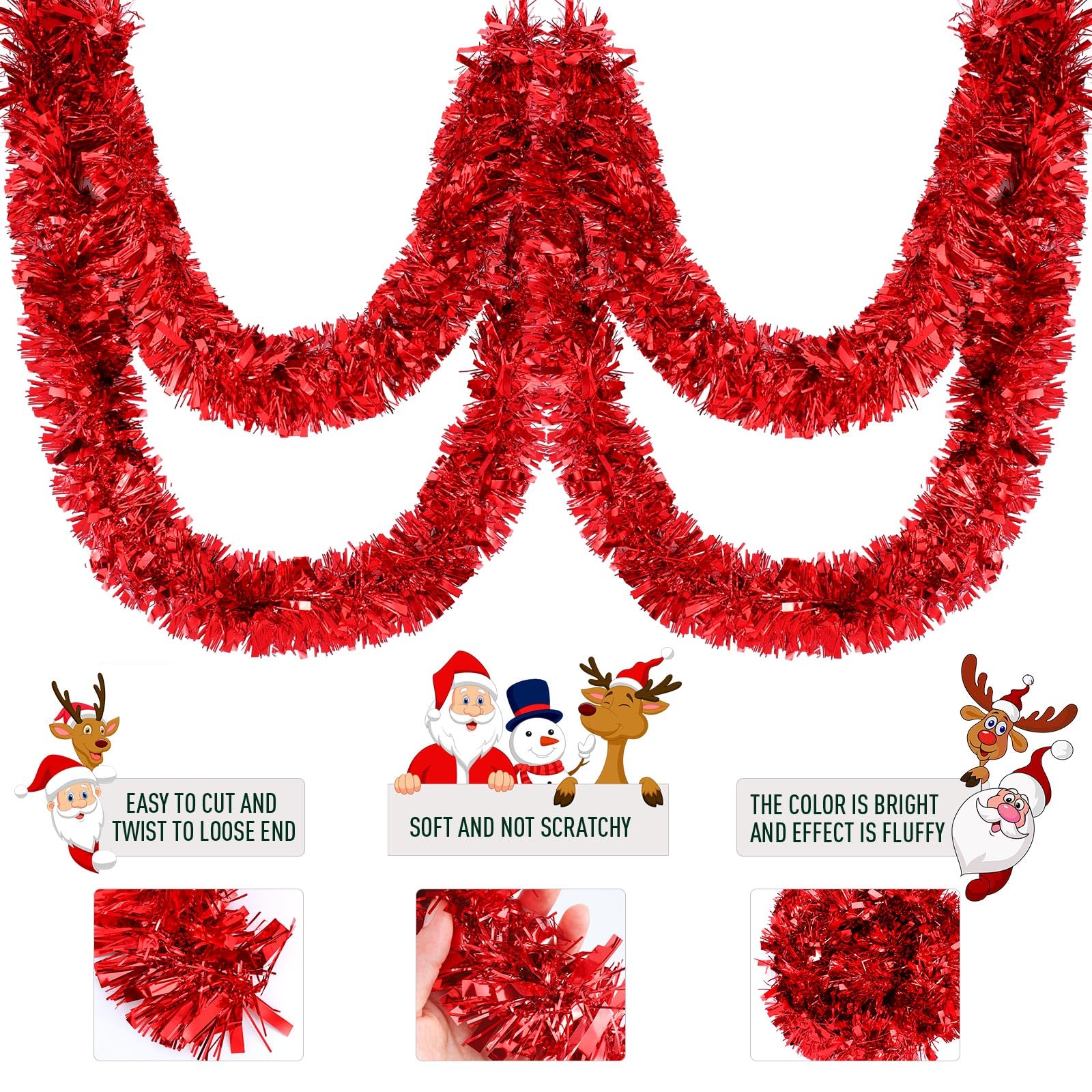 Riceshoot 131.23 ft Christmas Tinsel Garland Red Metallic Garland Decoration Hanging Twist Glittering Christmas Garlands for Xma