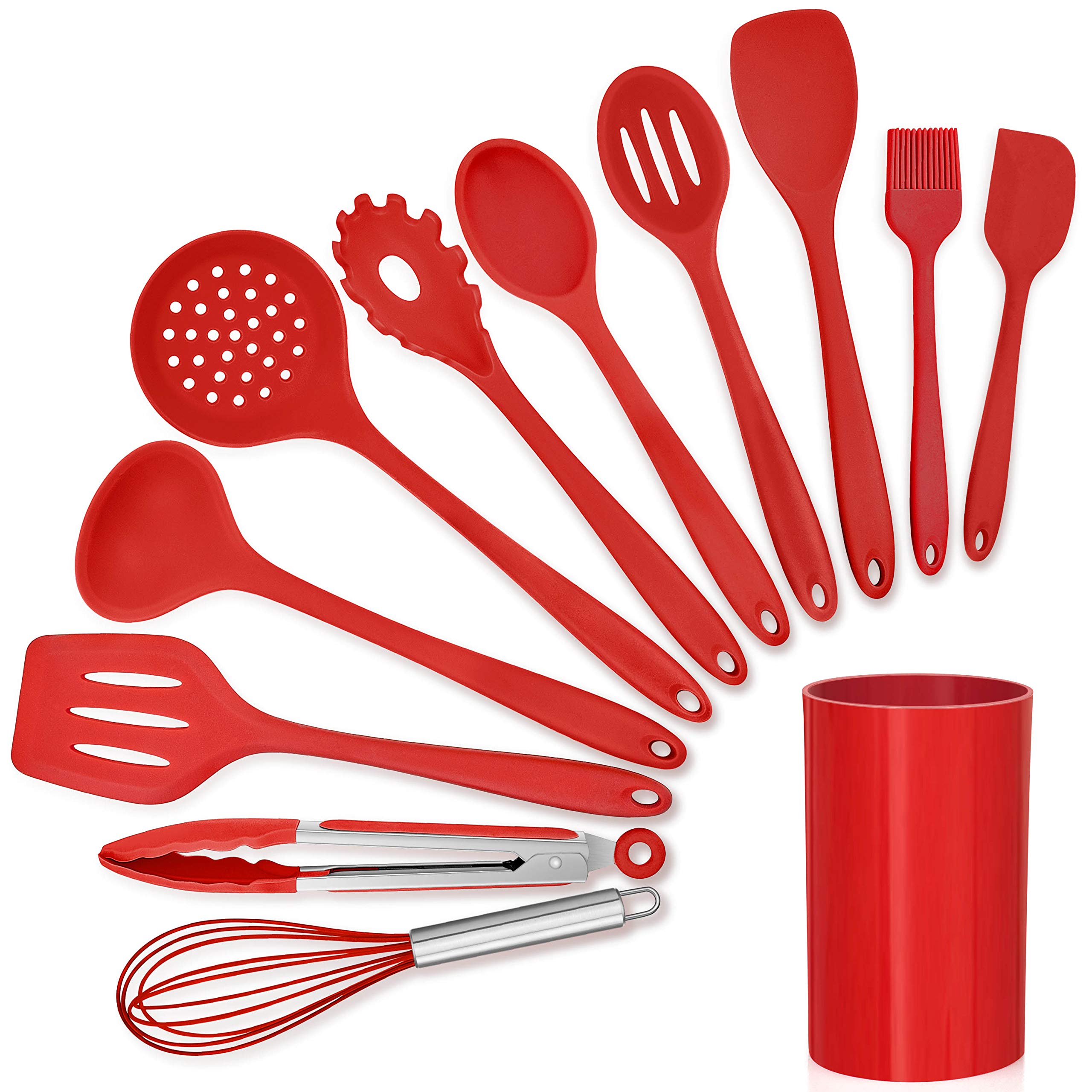 Lianyu 12-Piece Red Silicone Kitchen Cooking Utensils With Holder, Kitchen Tools Set Include Slotted Spatula Spoon Turner Ladle