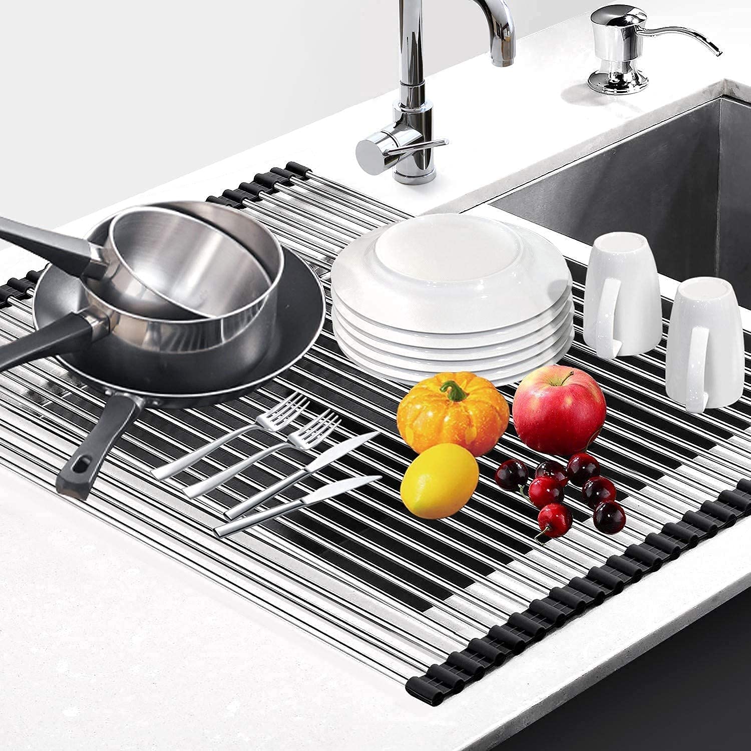 Bletilla Stainless Steel Kitchen Organizer Foldable/RollUp Over Sink Dish Drainer Drying Rack Utensils Dryer Mat For Fruit Vege