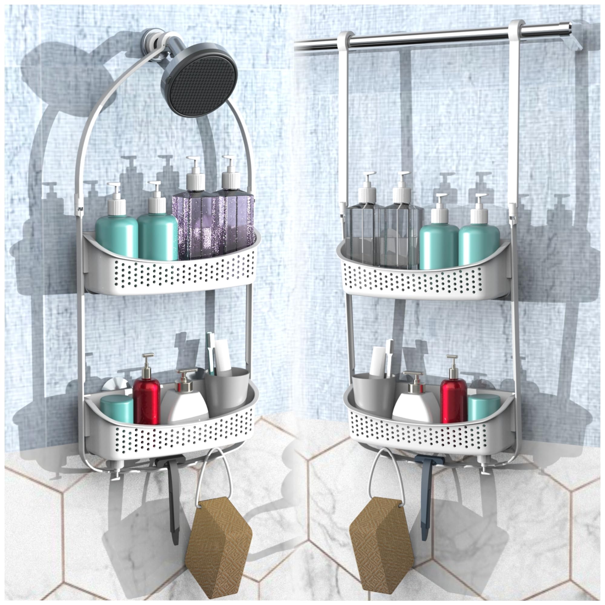 Emt Etrends Shower Caddy Hanging, Anti-Swing Over Head Shower Caddy,Plastic Bathroom Organizer, Multiple Hanging Modes Shelf Wit