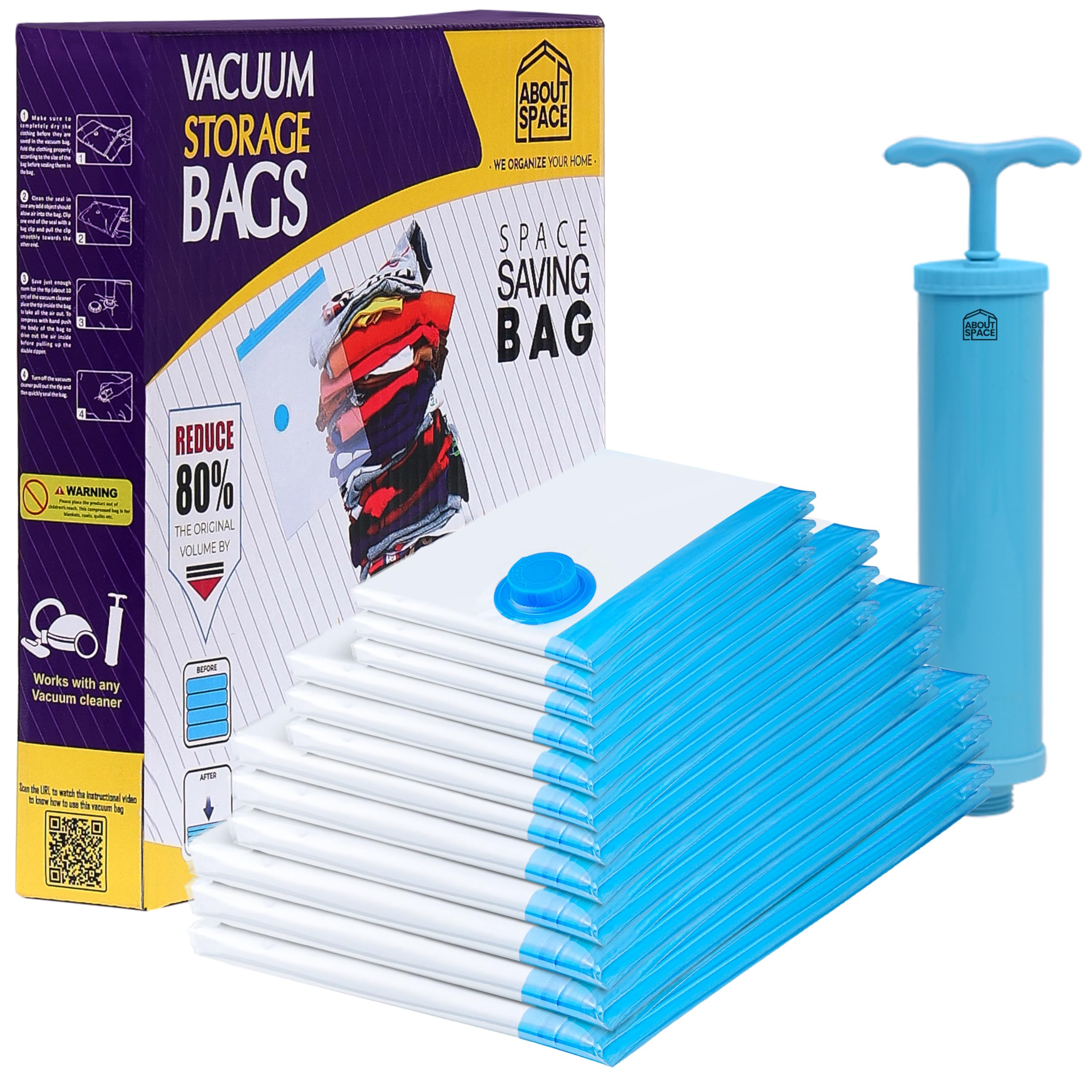 About Space 10 Pack Vacuum Bags For Travel With Hand Pump (2X Jumbo/2 Jumbo/2 Large/2 Medium/2 Small) For Packing, Vaccine Seal