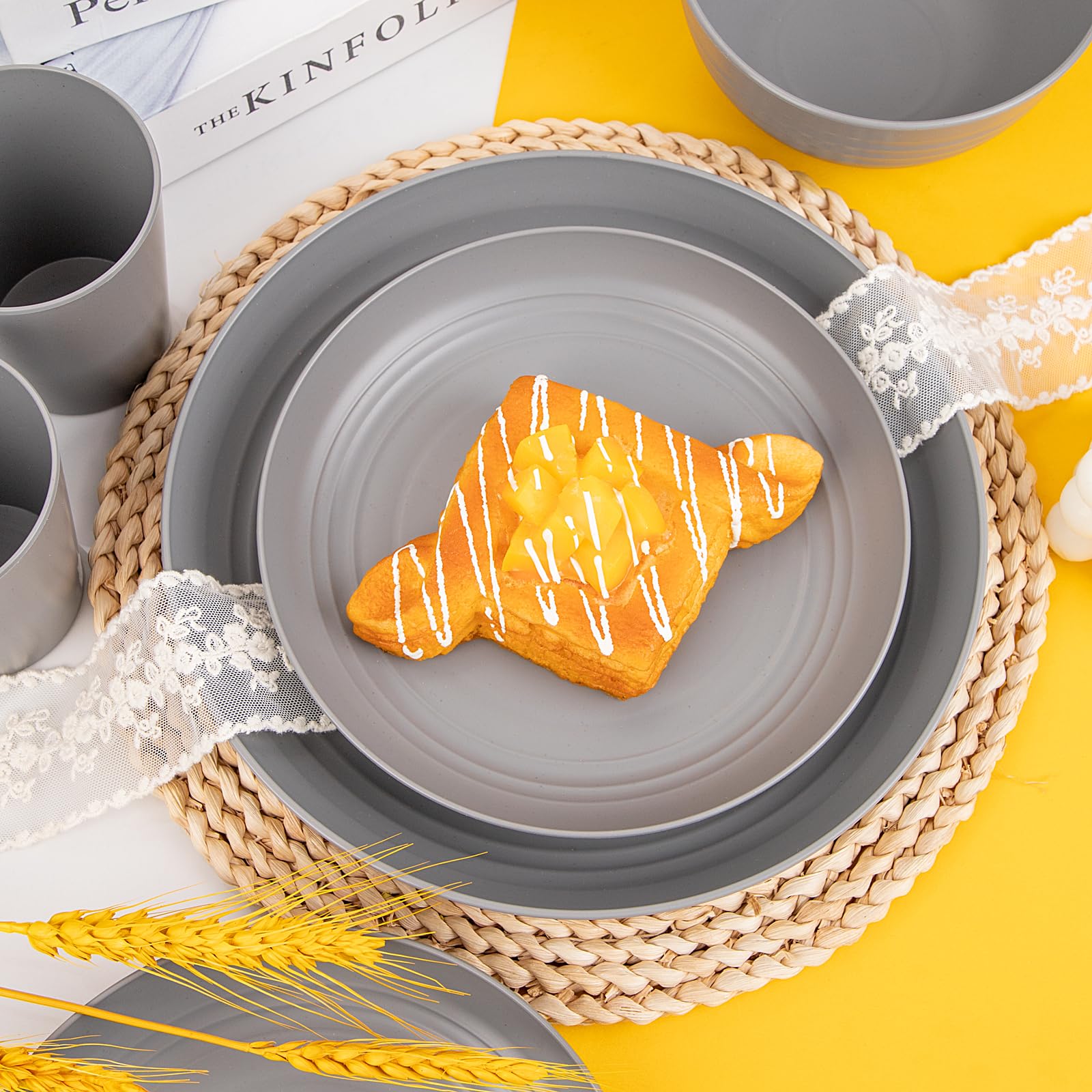 Liyh 48Pcs Grey Straw Dinnerware Set, Plates And Bowls Set, Camping Dish Set For 12, Plastic Dinnerware Set, Dishwasher Safe Din
