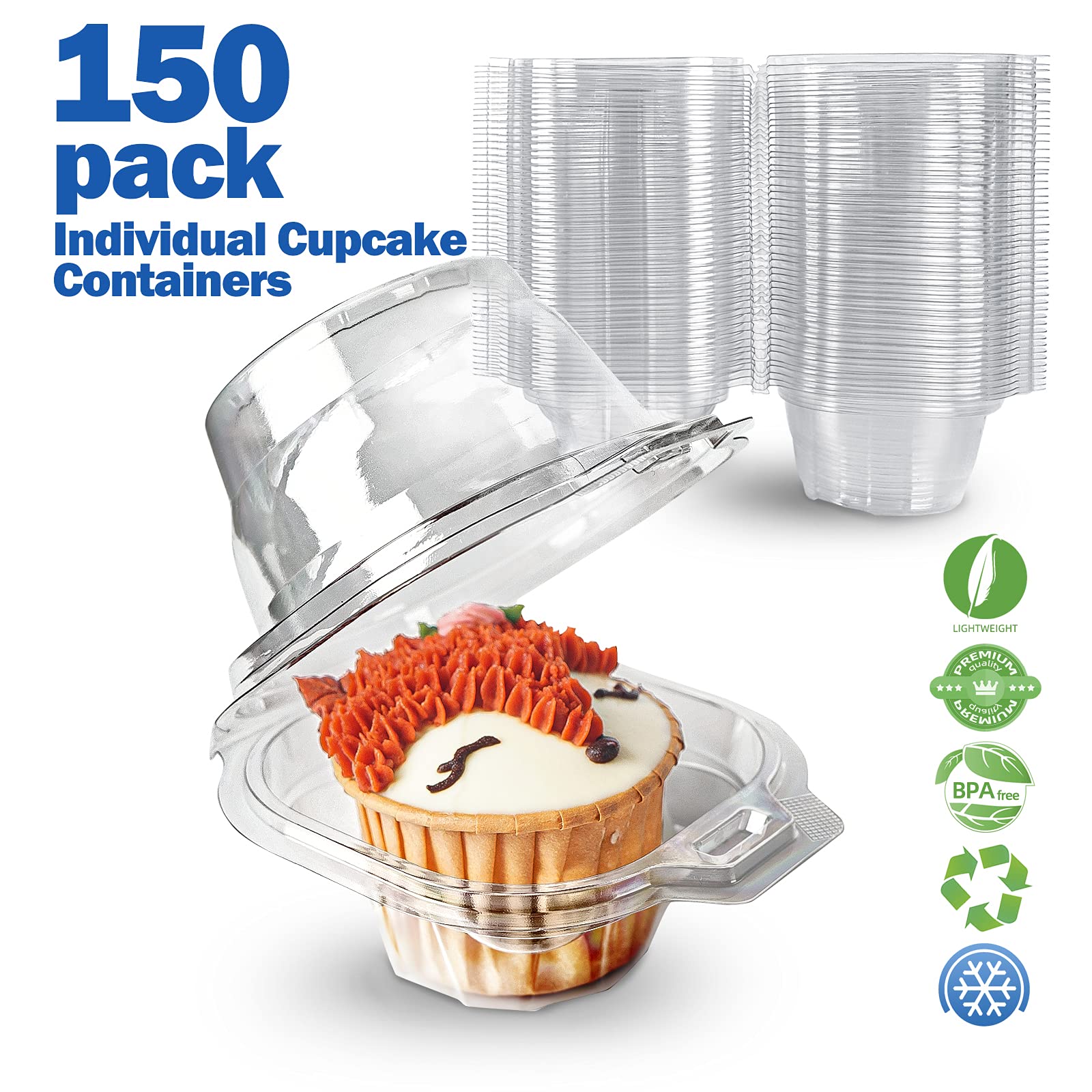 Ihongbei Individual Cupcake Containers Stackable Single Compartment Cupcake Disposable Carrier Holder Box Deep Dome Clear Plasti