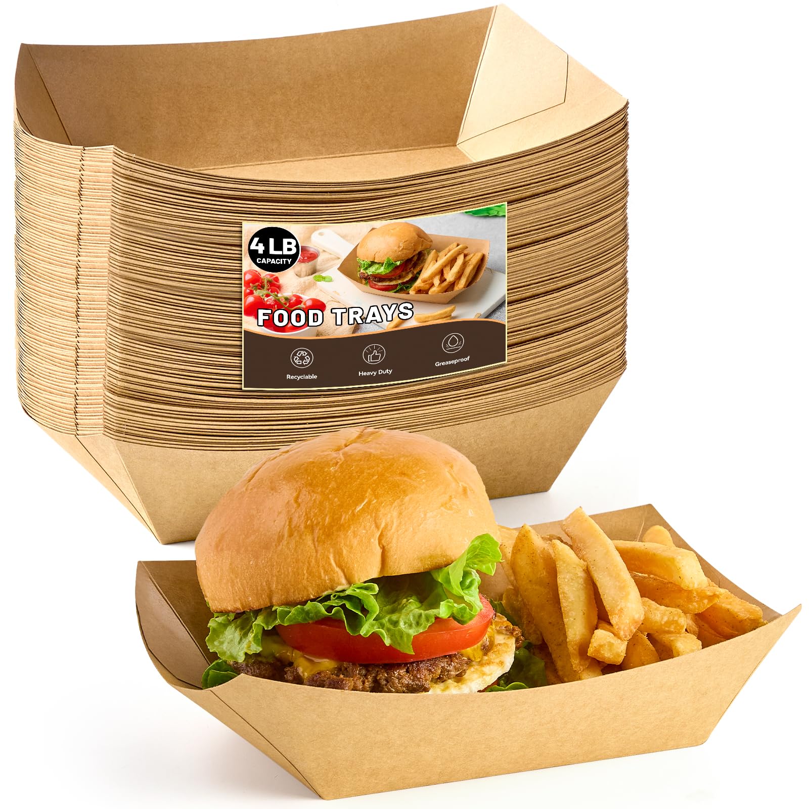 ZORRITA 4 LB Large Paper Food Trays, 50 Pack Disposable Nacho Trays Kraft Paper Food Boats Party Serving Baskets for Nachos Sand
